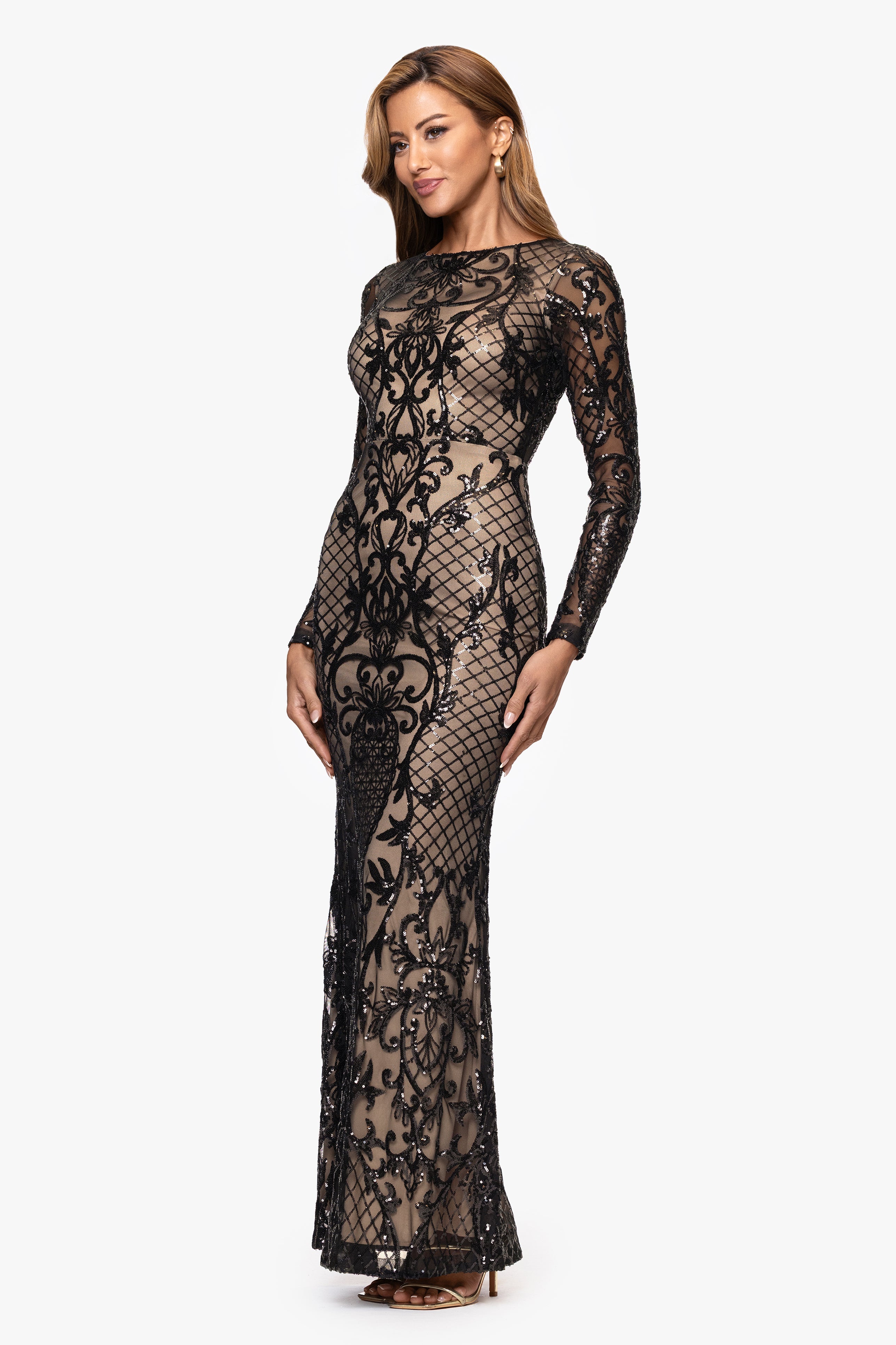 "Brianna" Sequin Placement Long Sleeve Floor Length Dress