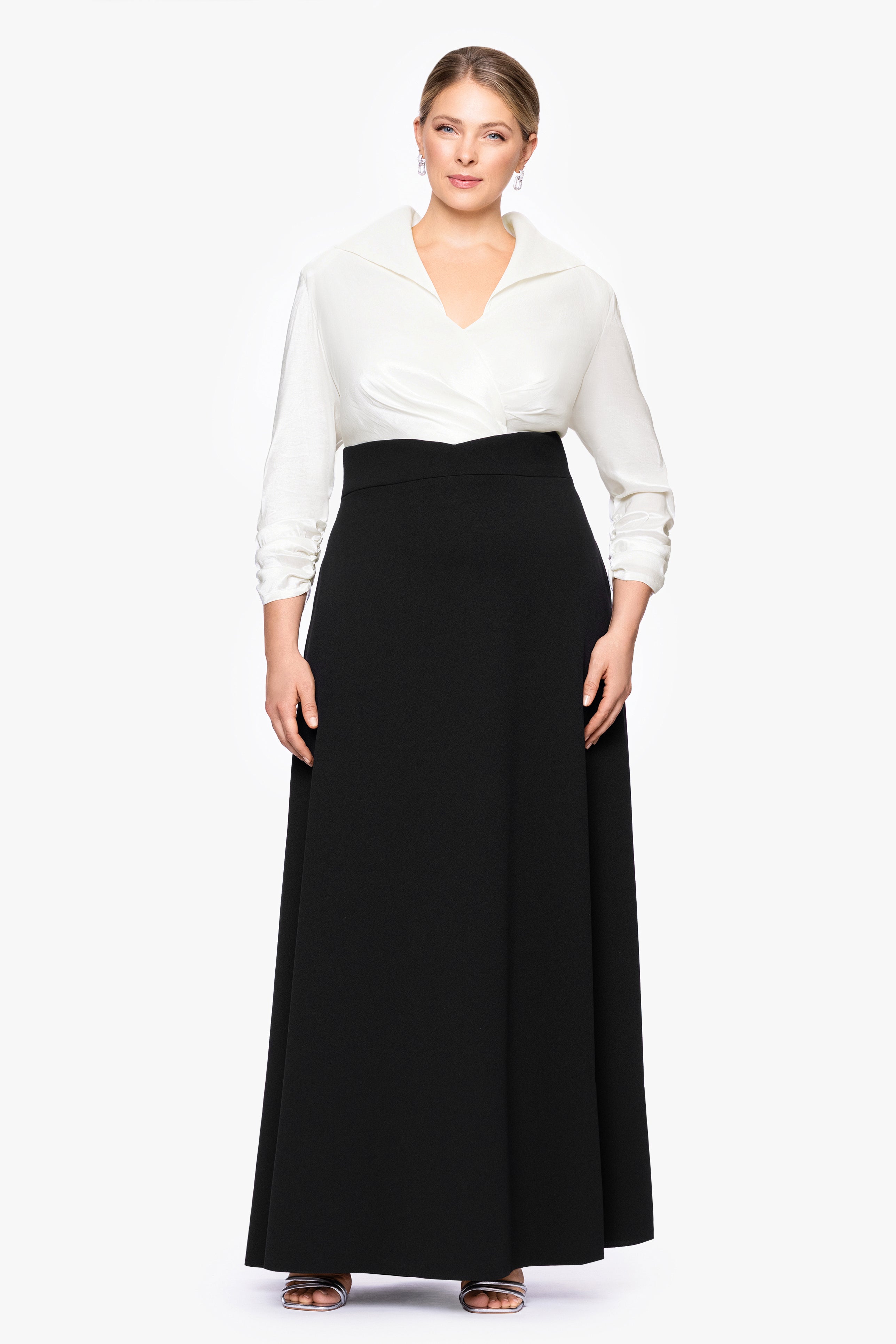 Plus "Beth" Taffeta and Scuba Crepe A-Line Floor Length Dress