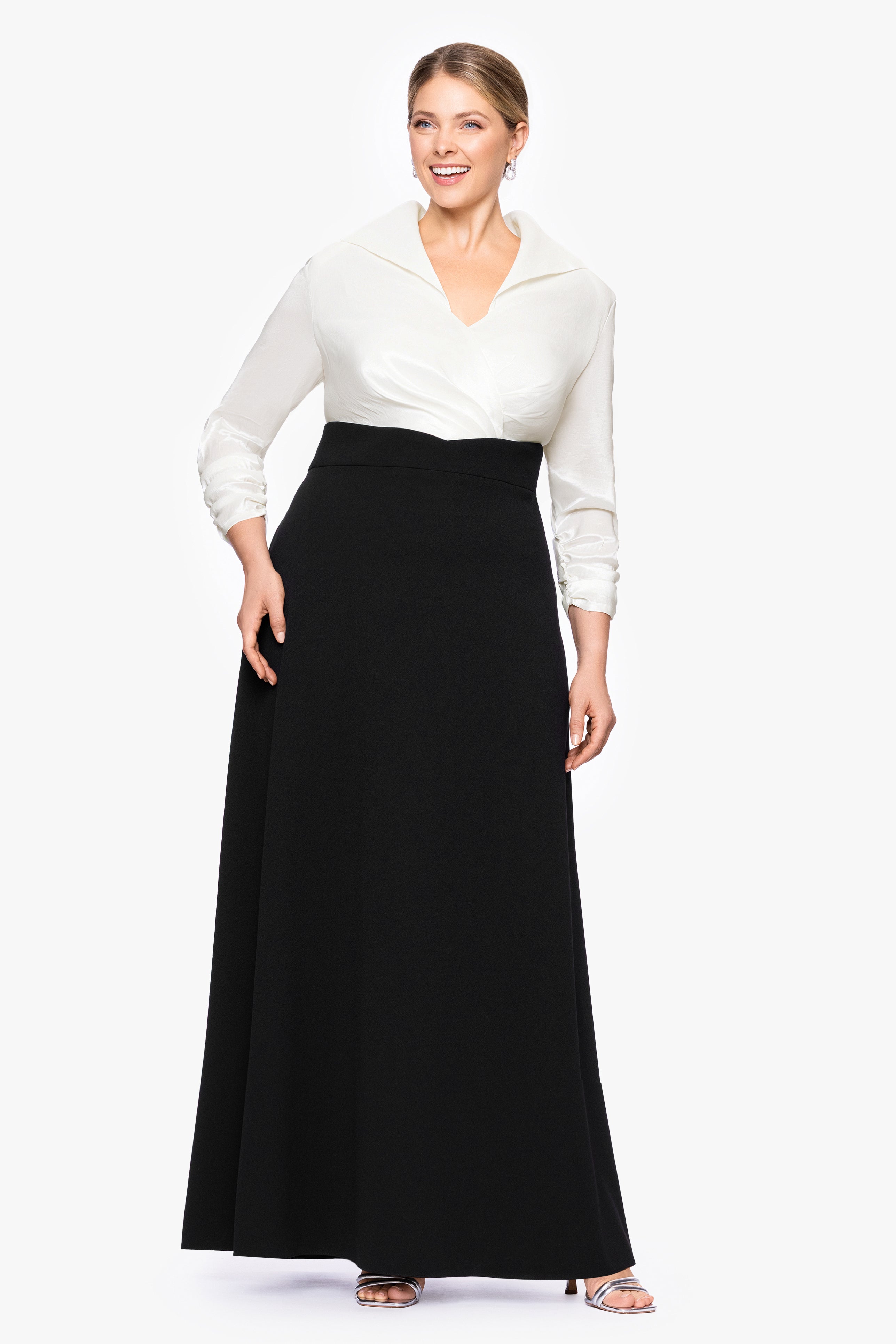 Plus "Beth" Taffeta and Scuba Crepe A-Line Floor Length Dress