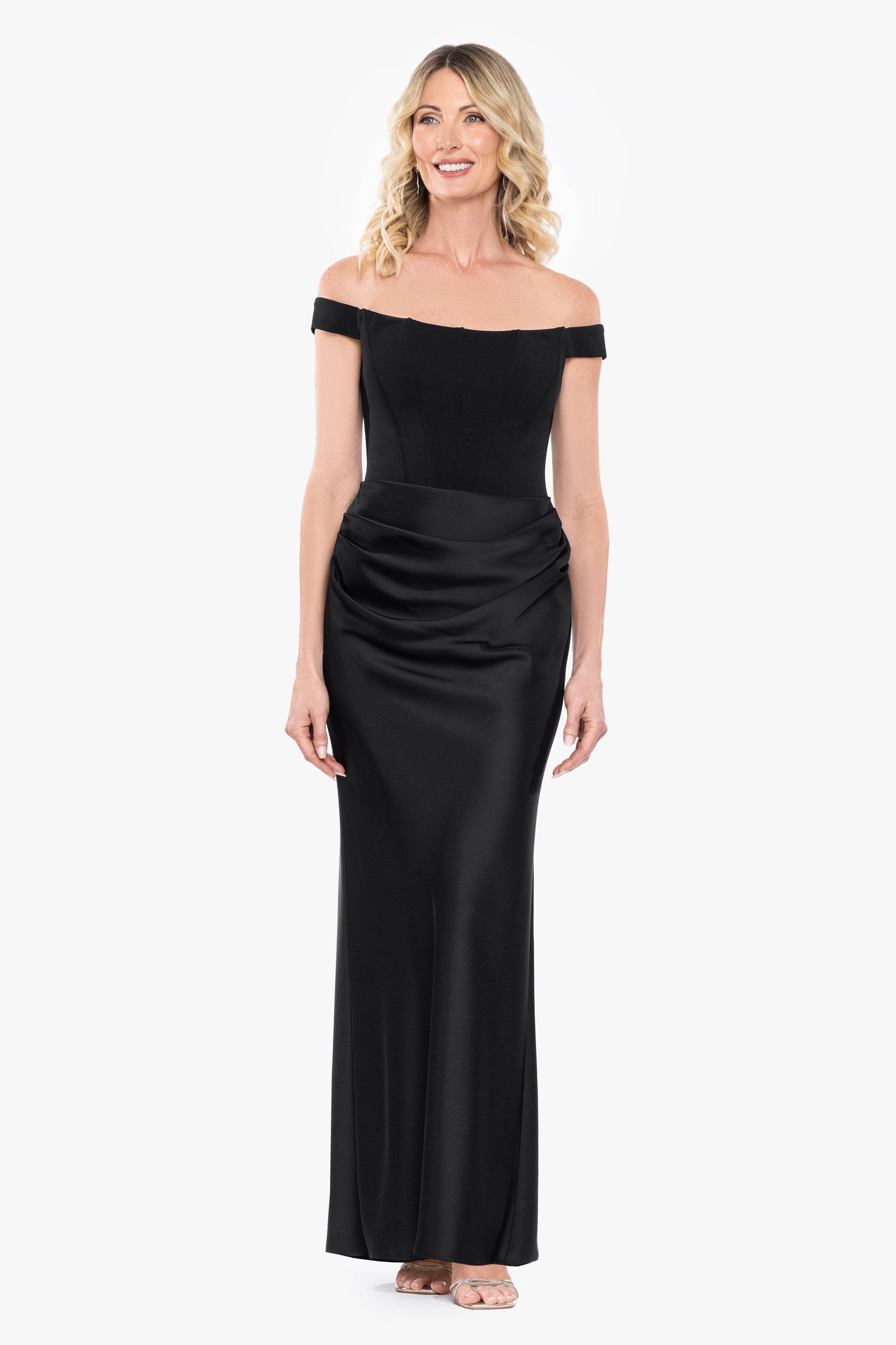 "Callie" Scuba Crepe Satin Combo Rouching Long Dress