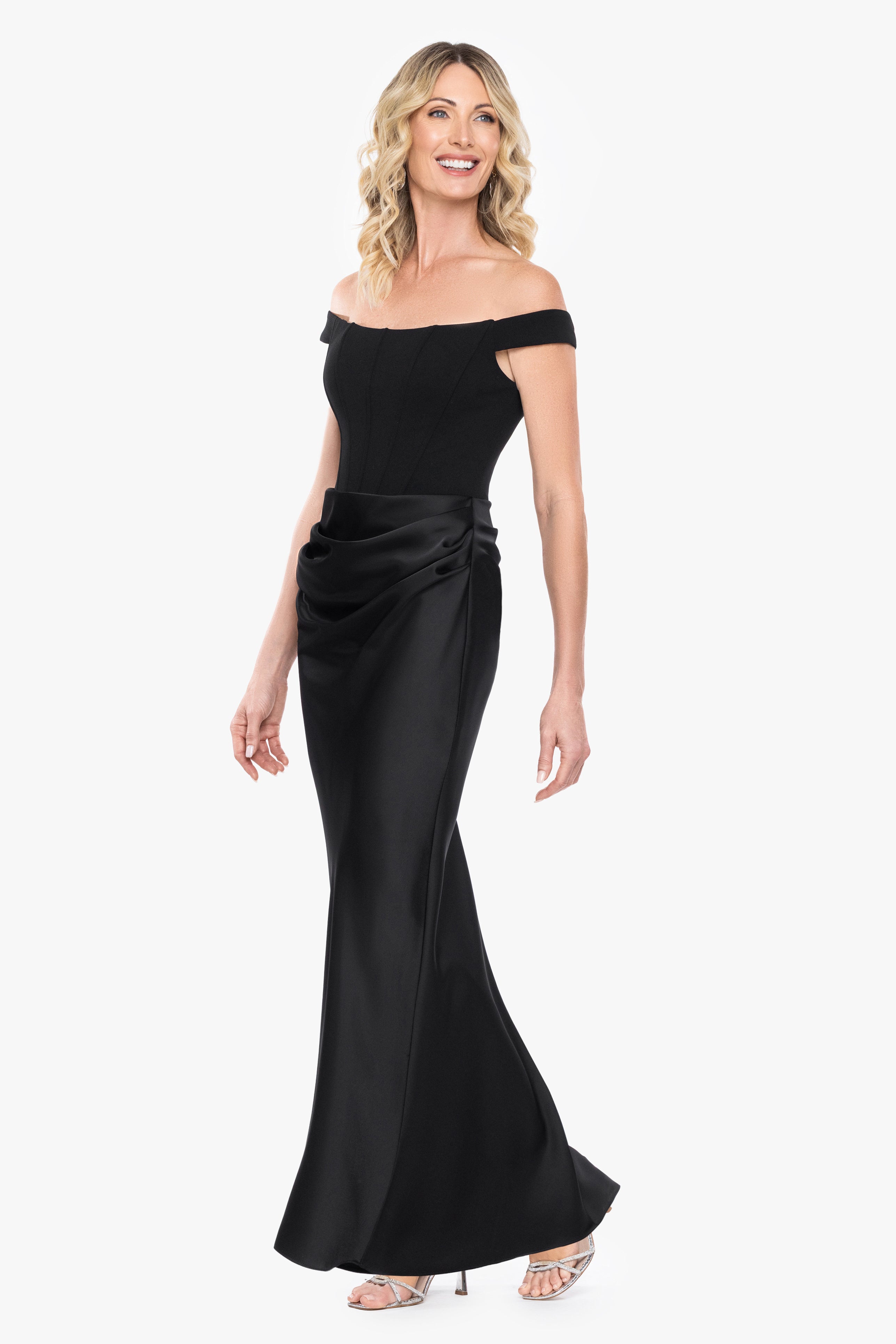 "Callie" Scuba Crepe Satin Combo Rouching Long Dress