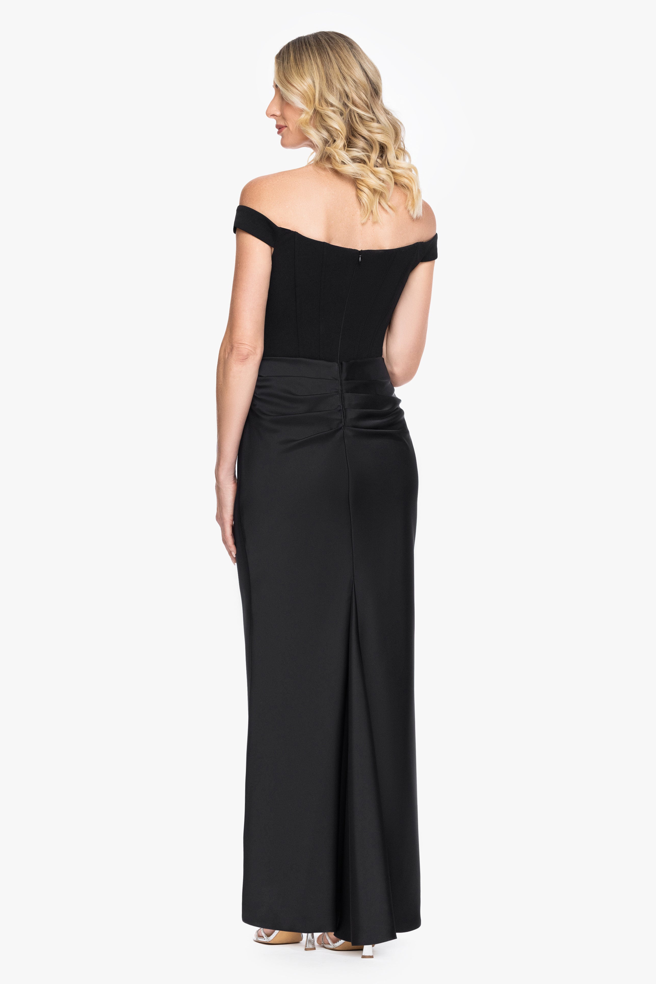 "Callie" Scuba Crepe Satin Combo Rouching Long Dress