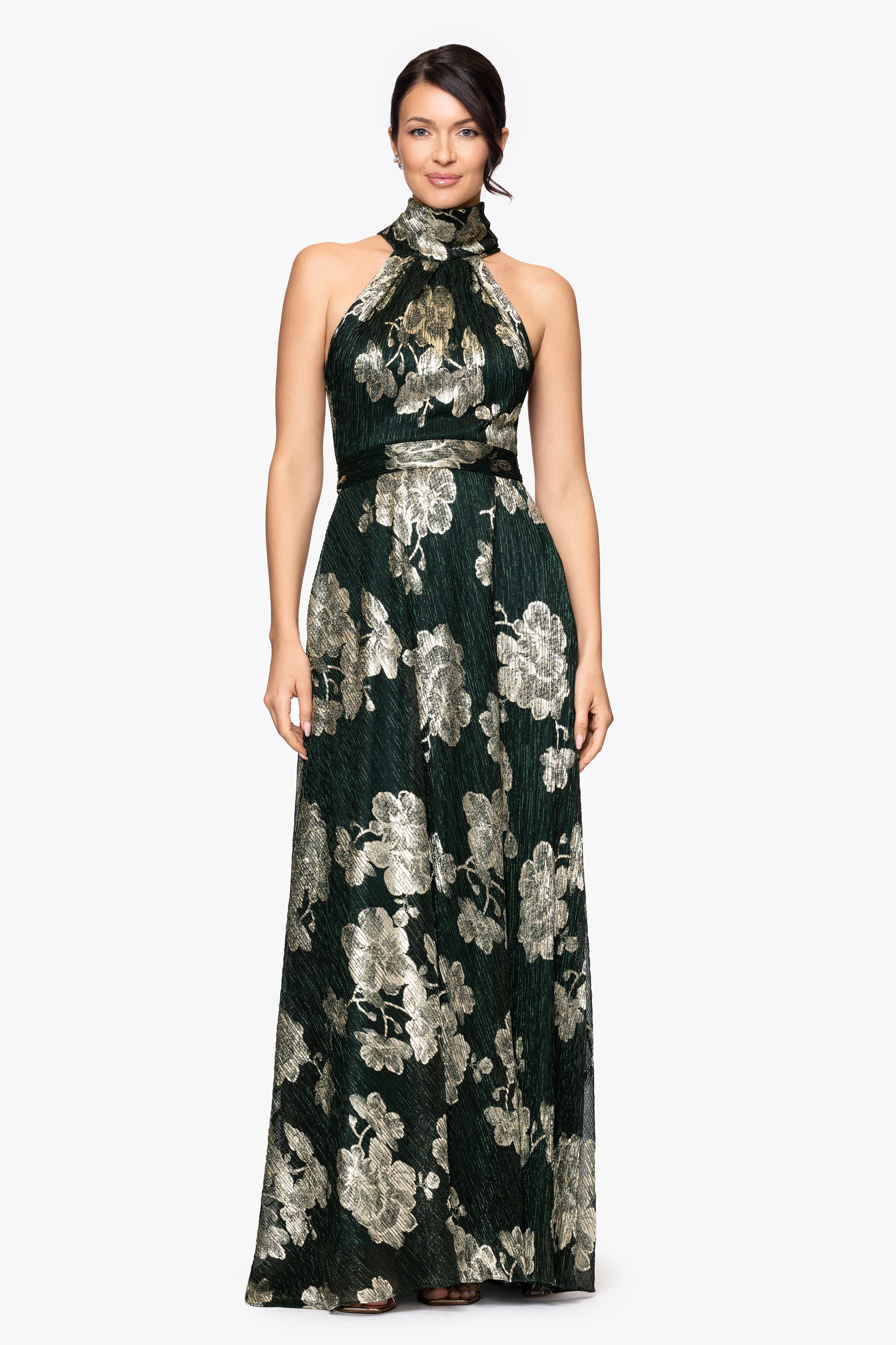 "Blake" Foil Knit High Halter Neck Floor Length Dress