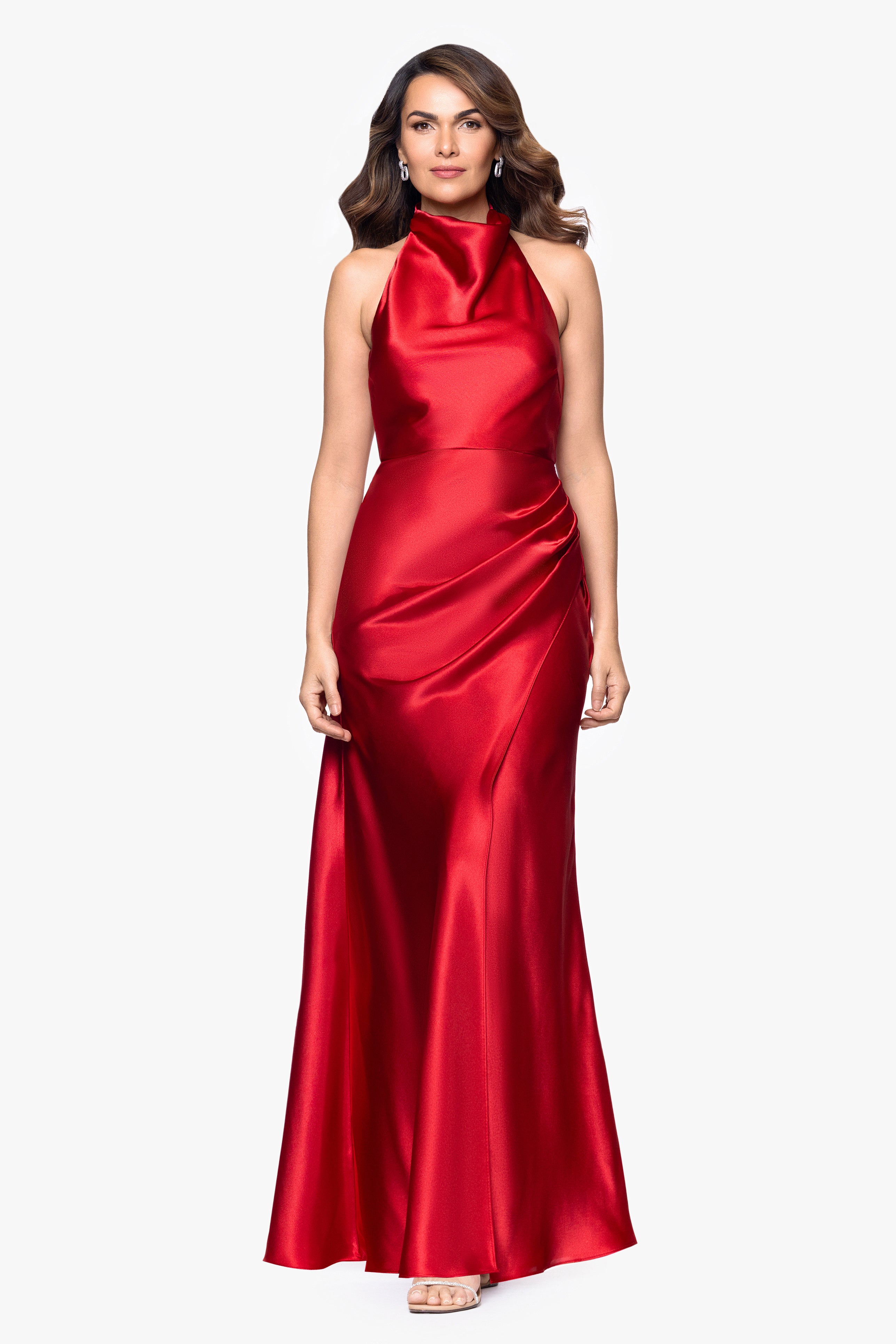 "Antonia" Satin Cowl Halter Neck Rouched Floor Length Dress