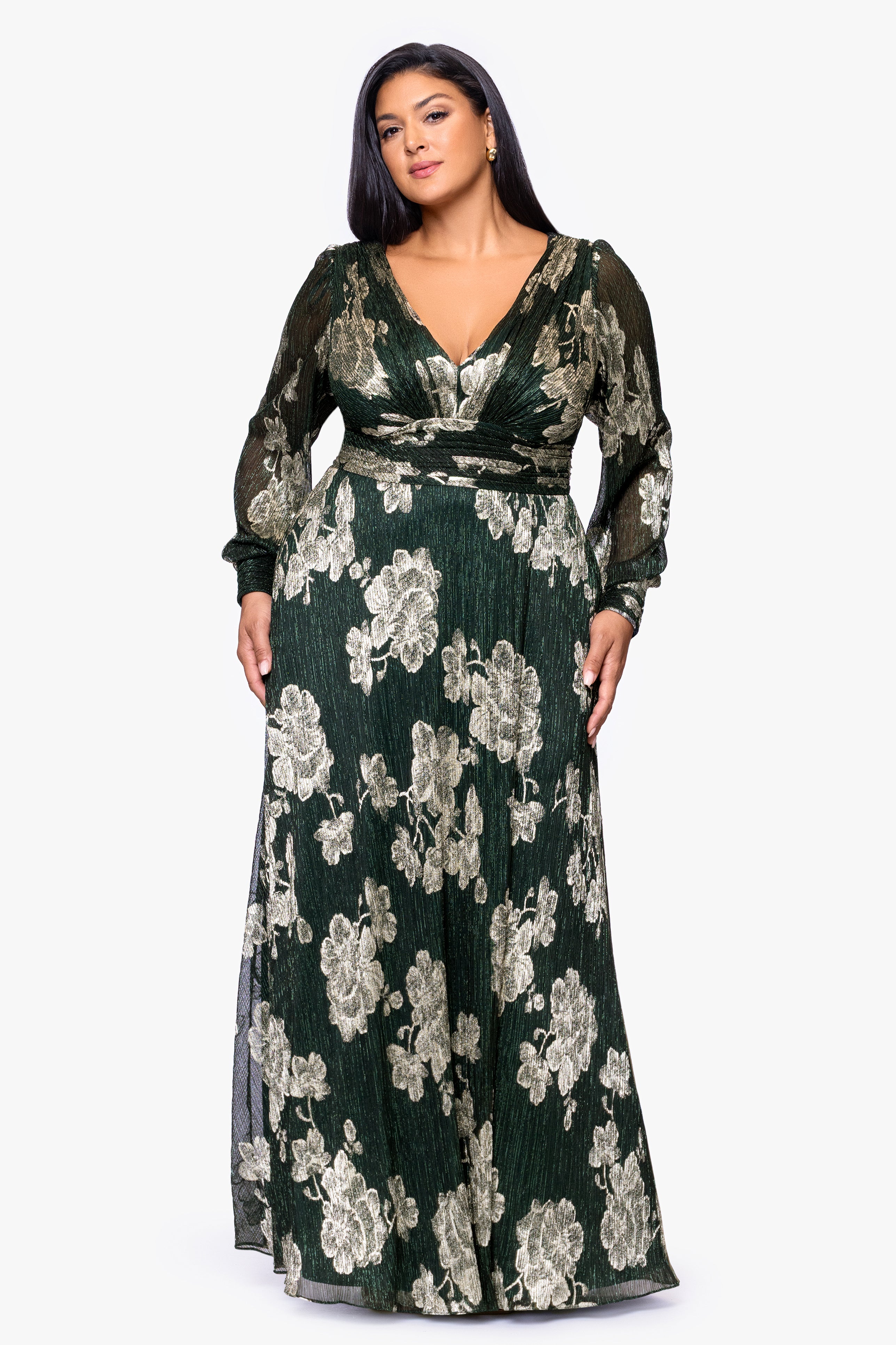 Plus "June" Foil Knit V-Neck Long Sleeve Floor Length Dress