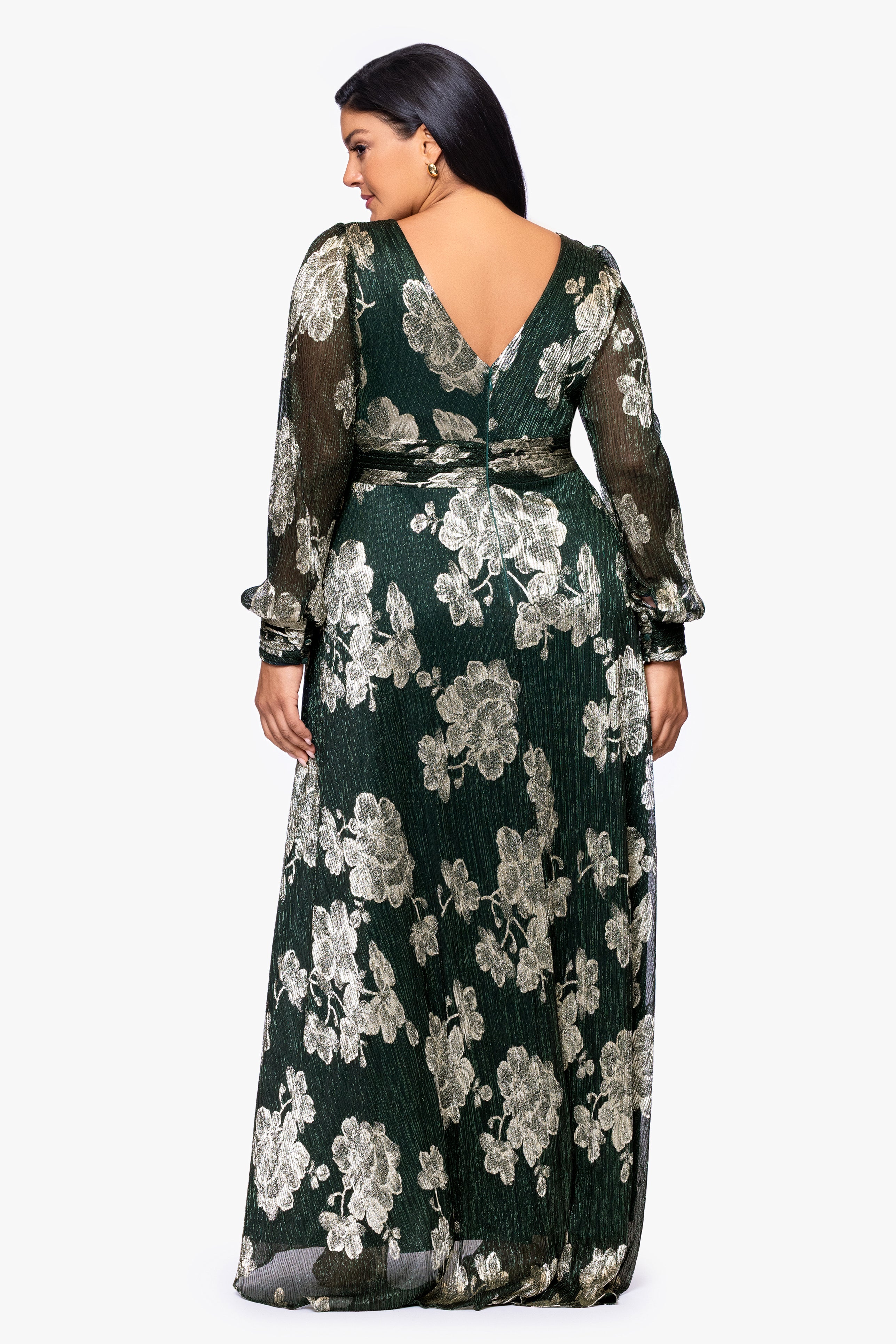 Plus "June" Foil Knit V-Neck Long Sleeve Floor Length Dress