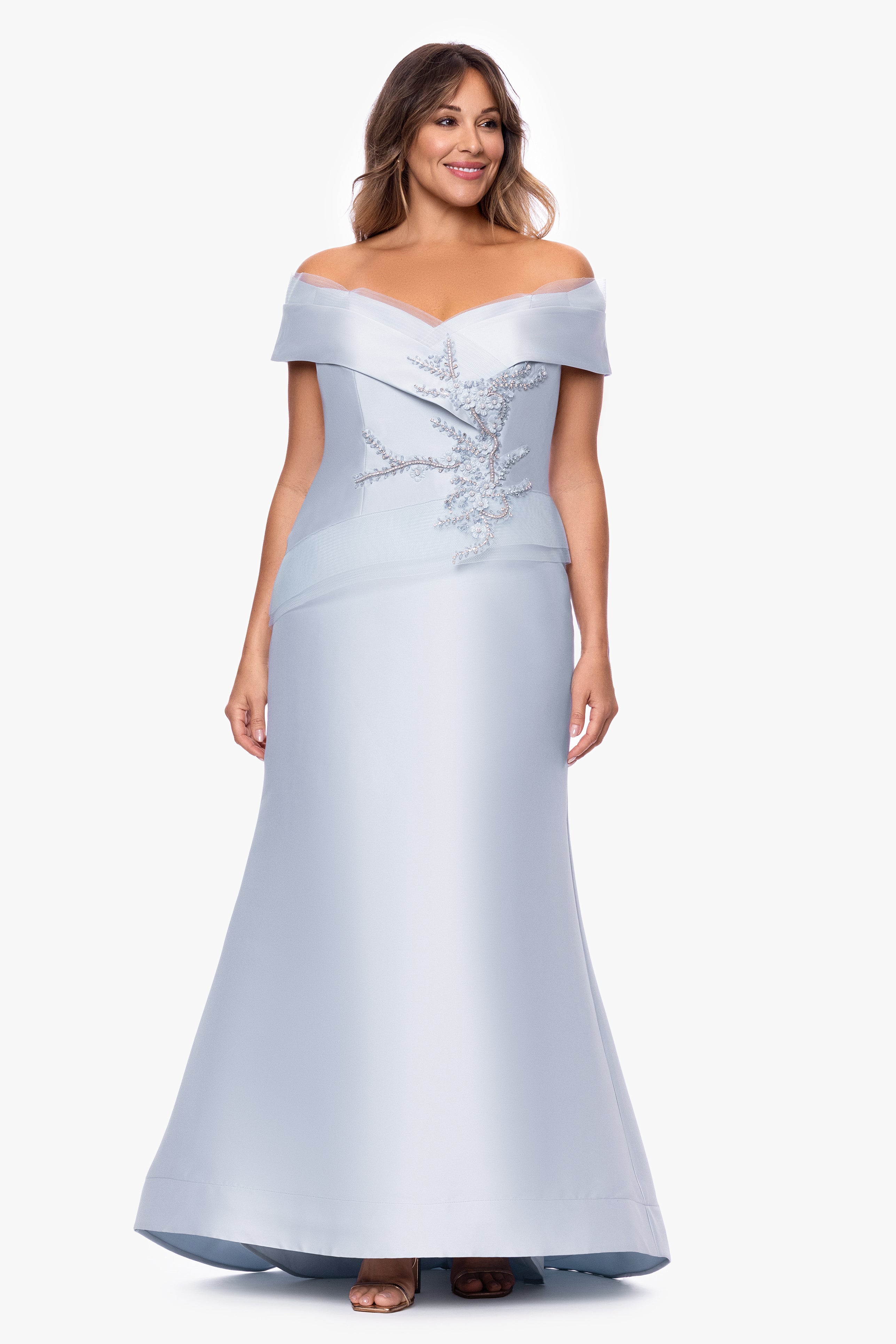 Plus "Zara" Mikado Off the Shoulder Floral Bead Floor Length Dress