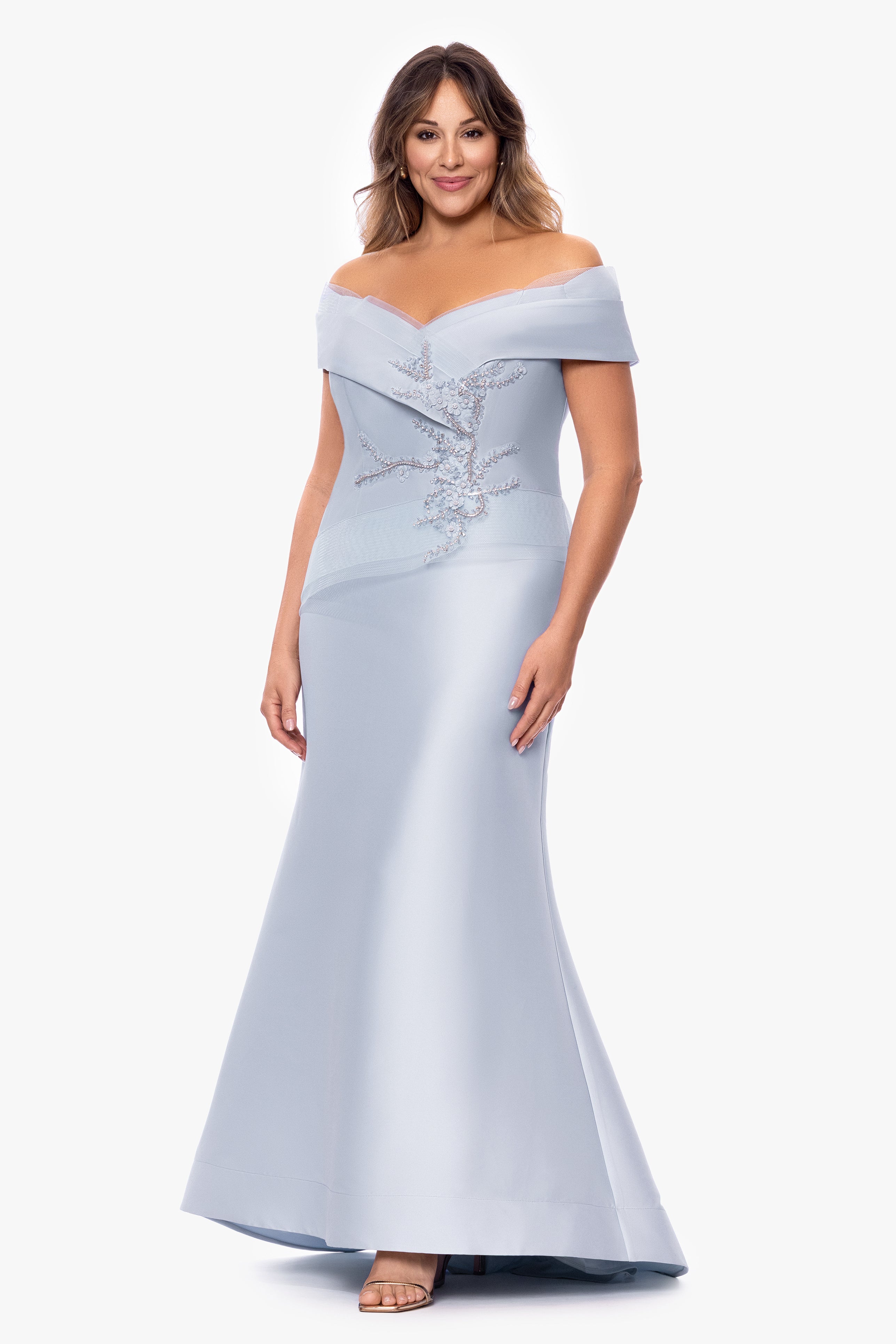 Plus "Zara" Mikado Off the Shoulder Floral Bead Floor Length Dress