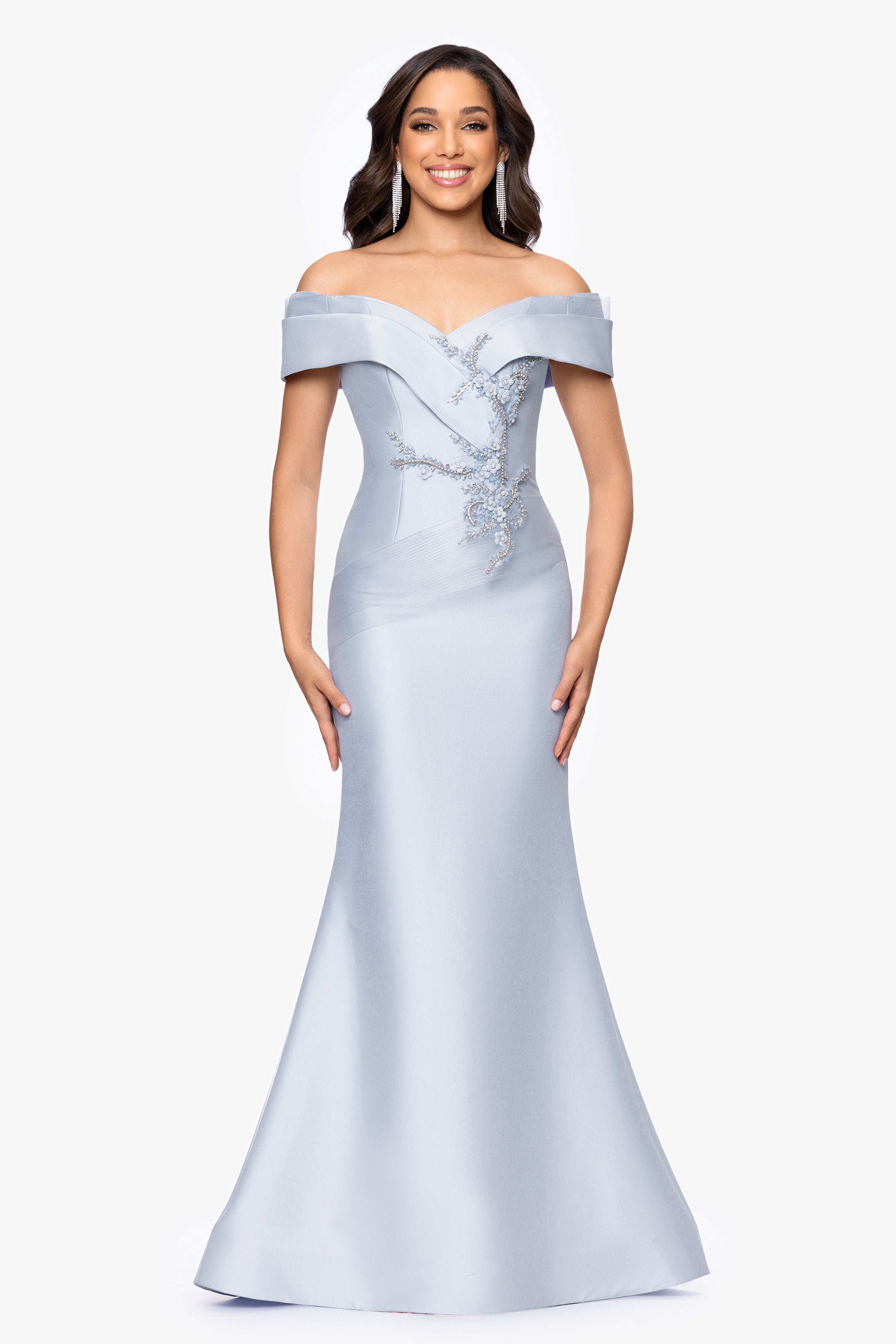 "Zara" Mikado Off the Shoulder Floral Bead Floor Length Dress