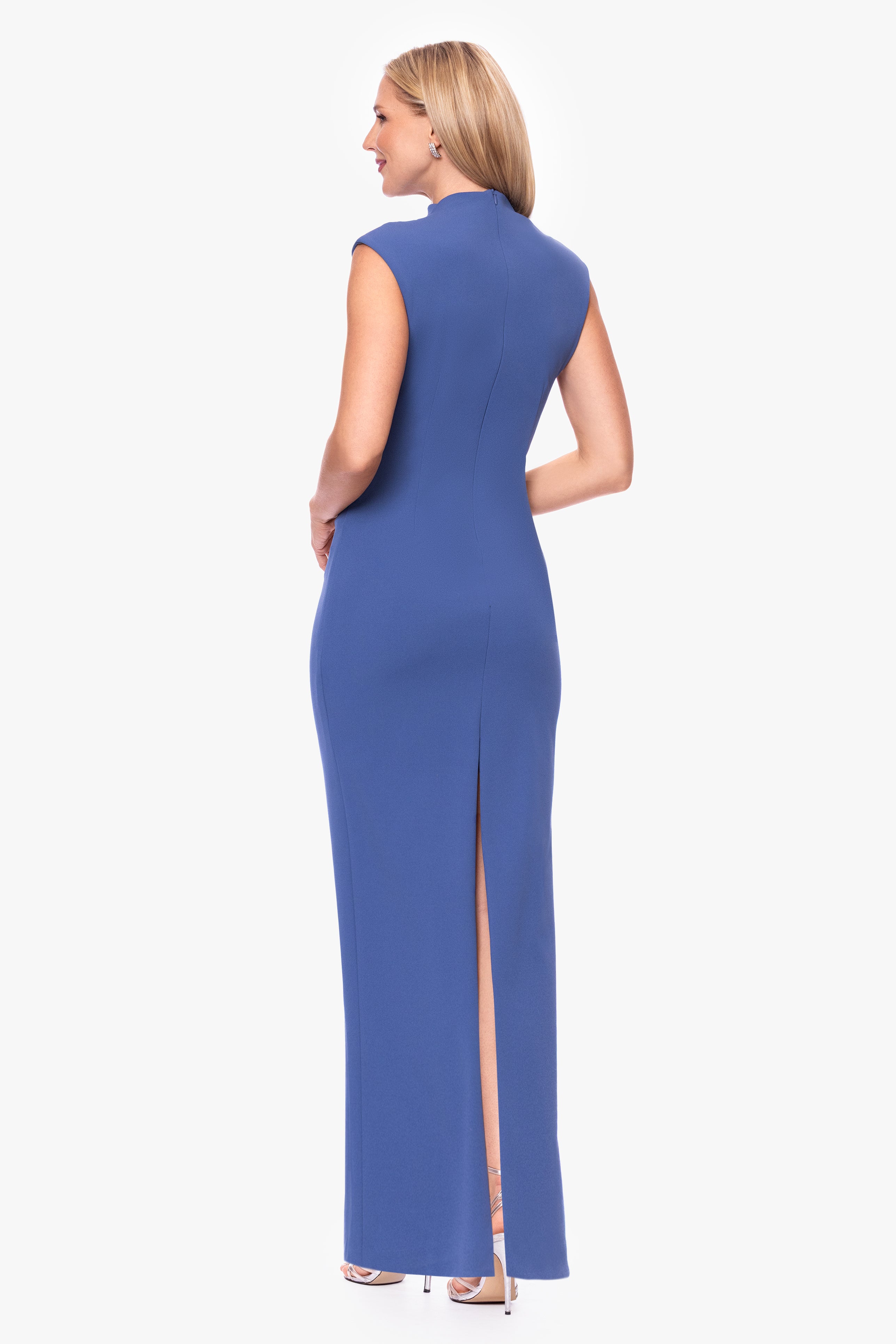 Petite "Katalina" Scuba Crepe Cap Sleeve Mock Neck Floor Length Dress