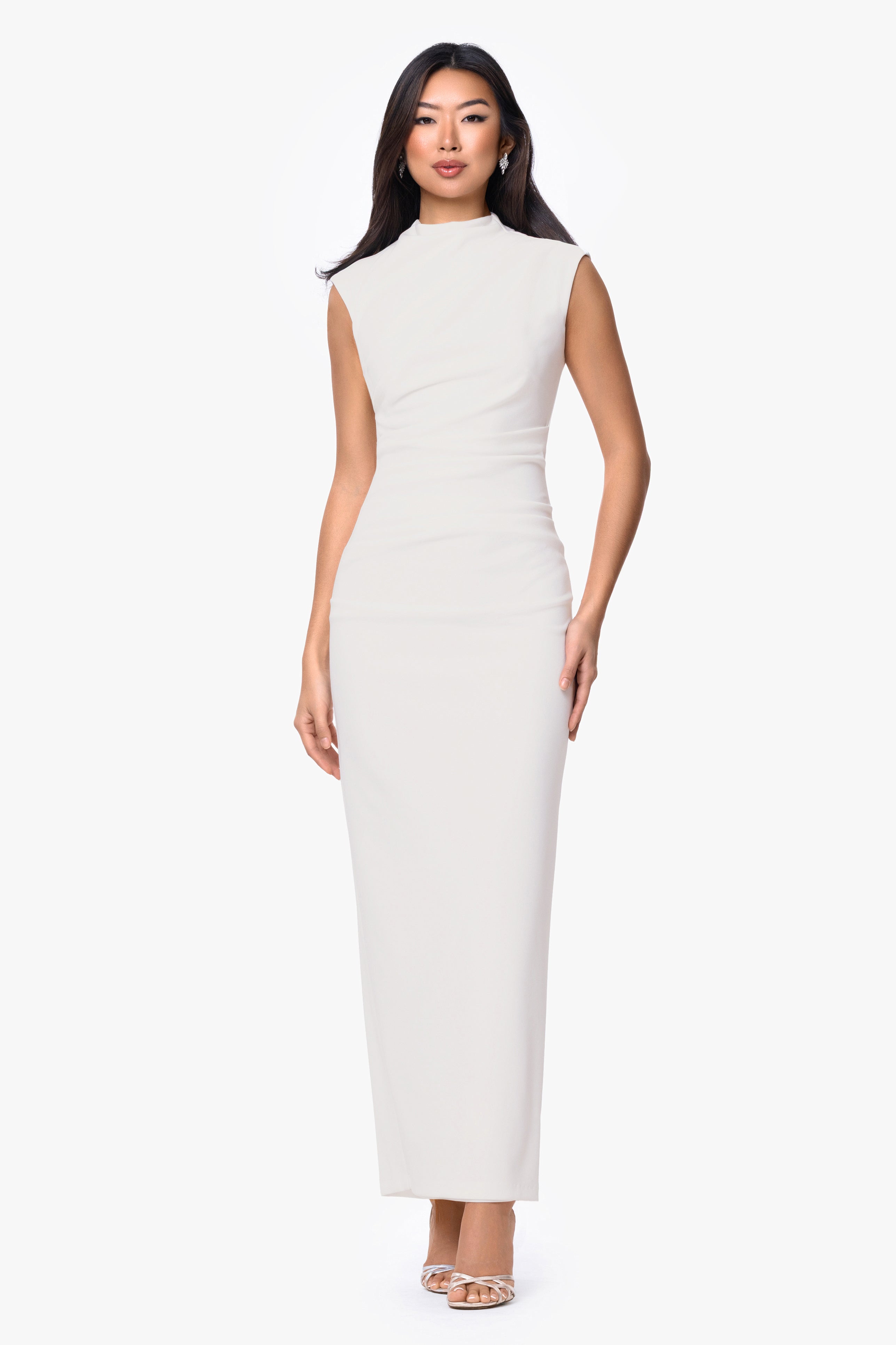 "Katalina" Scuba Crepe Cap Sleeve Mock Neck Floor Length Dress