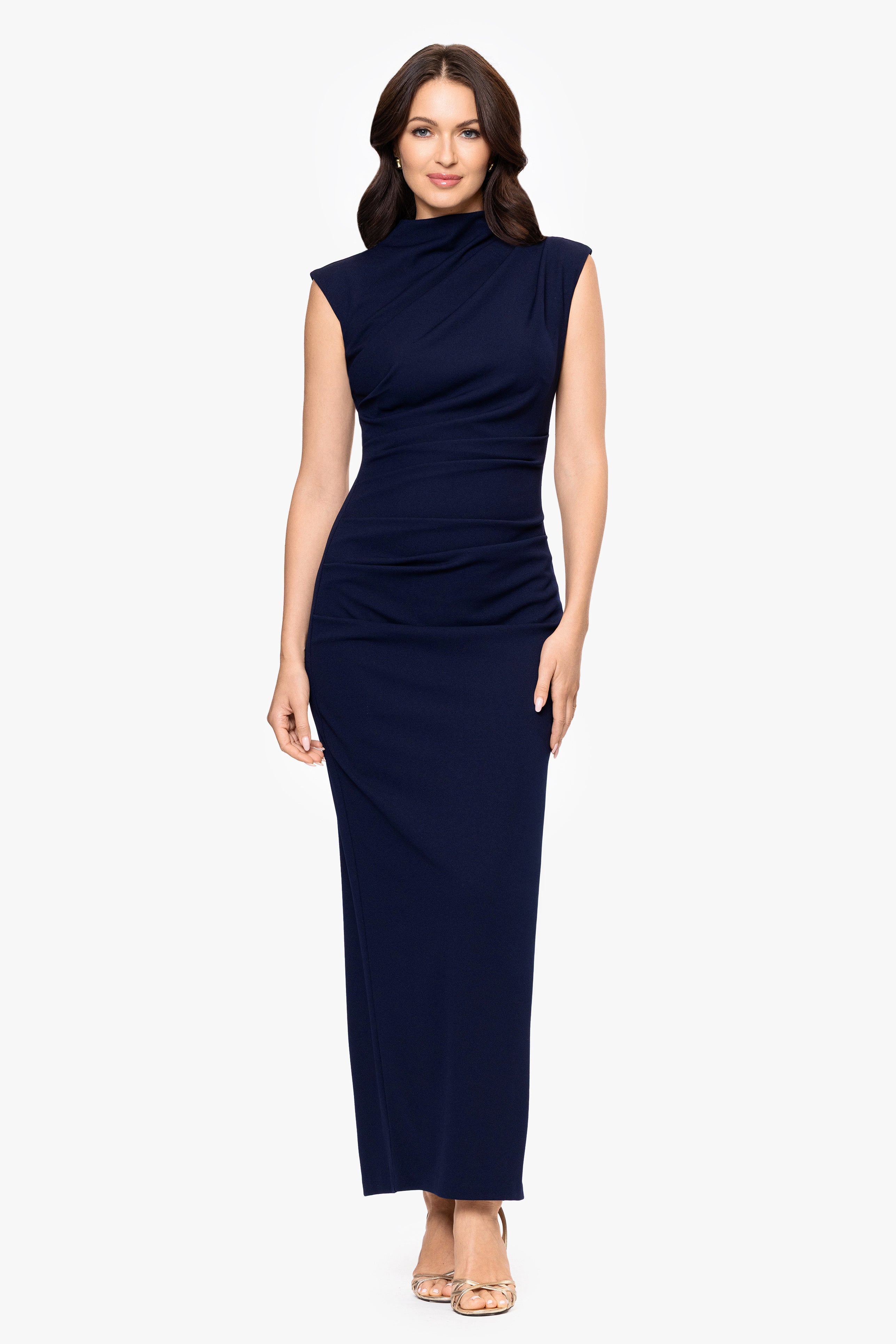 "Katalina" Scuba Crepe Cap Sleeve Mock Neck Floor Length Dress