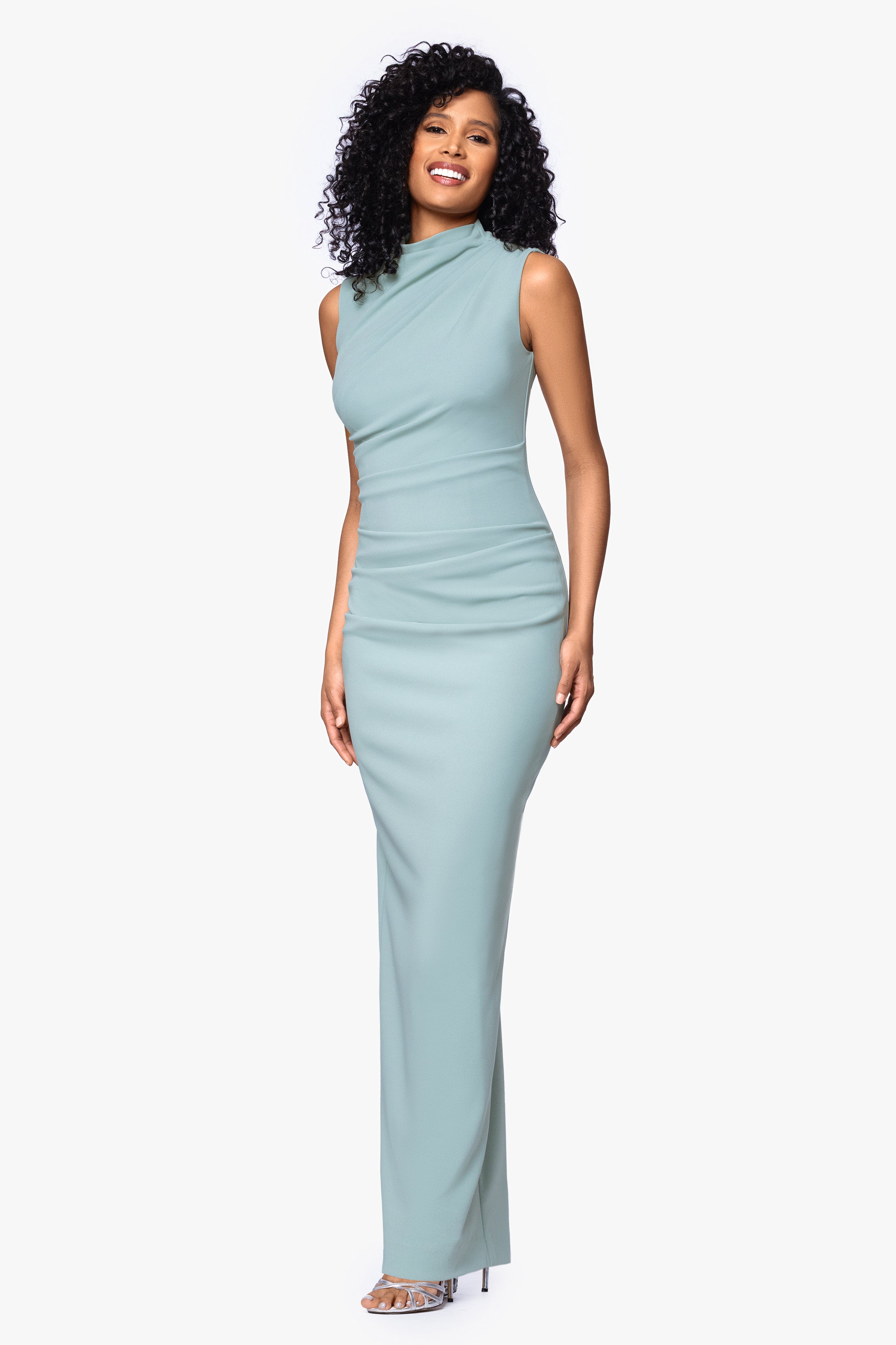 Petite "Katalina" Scuba Crepe Cap Sleeve Mock Neck Floor Length Dress