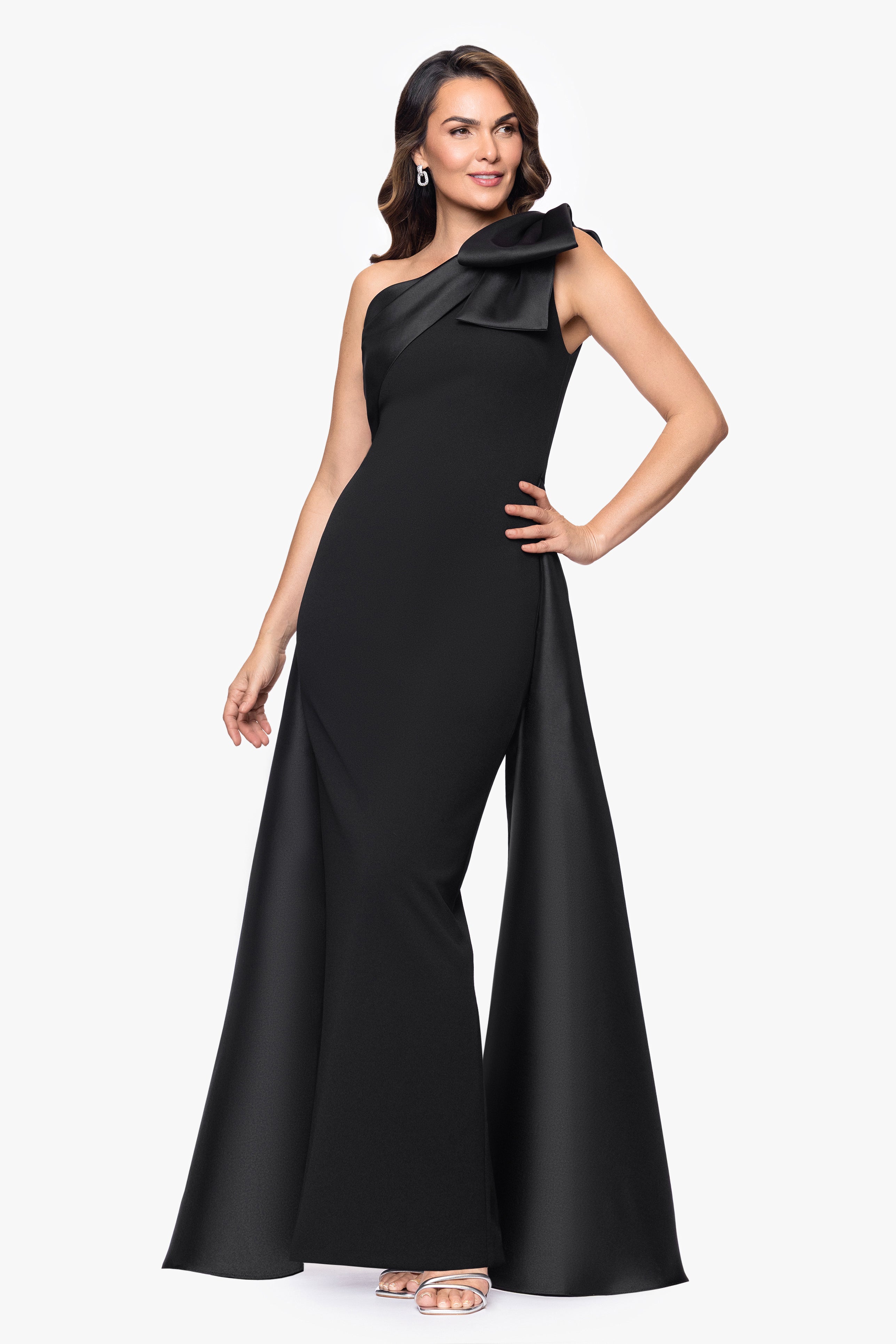 "Rosalie" Scuba Crepe One Shoulder Bow Embellished Floor Length Gown