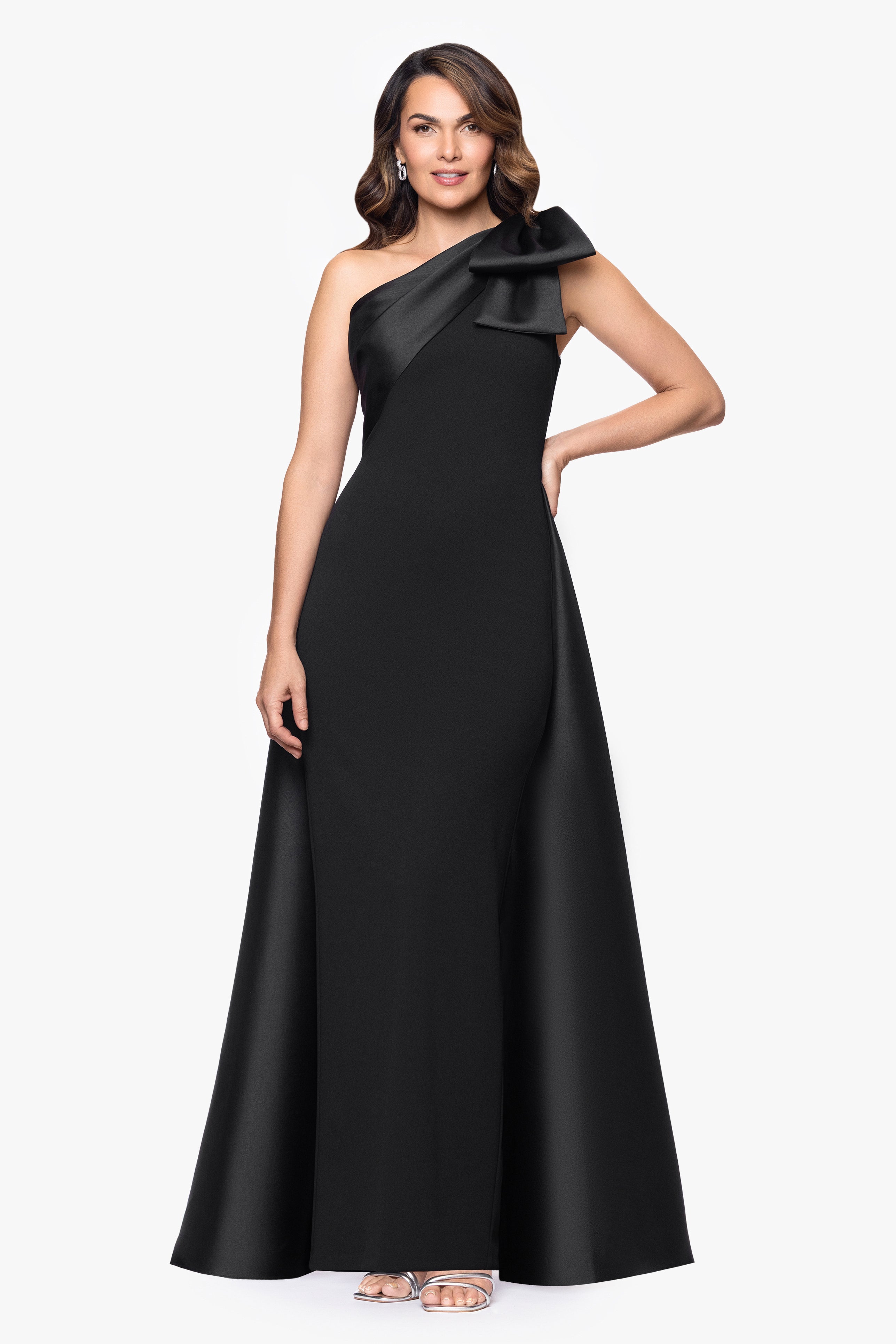 "Rosalie" Scuba Crepe One Shoulder Bow Embellished Floor Length Gown