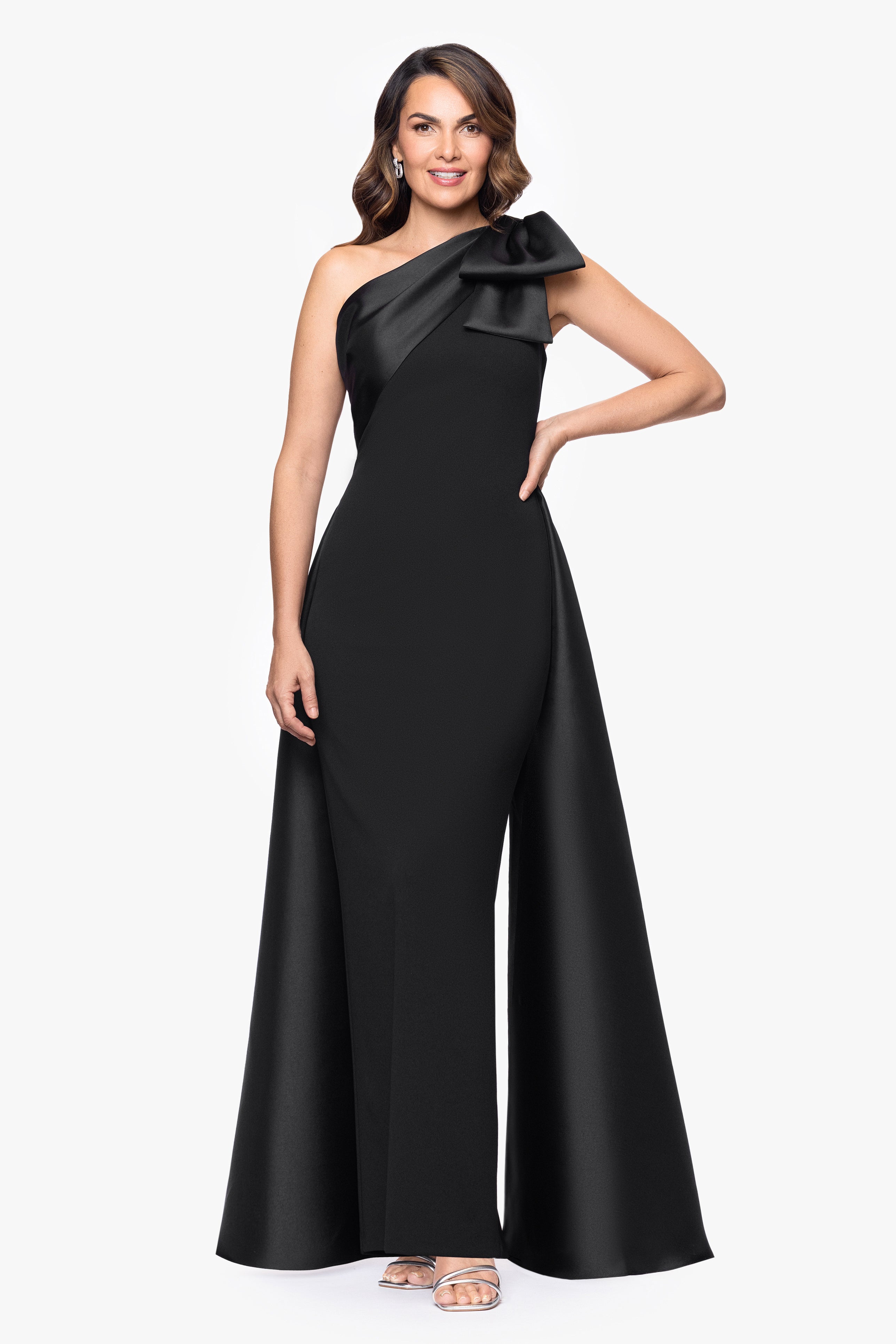 "Rosalie" Scuba Crepe One Shoulder Bow Embellished Floor Length Gown