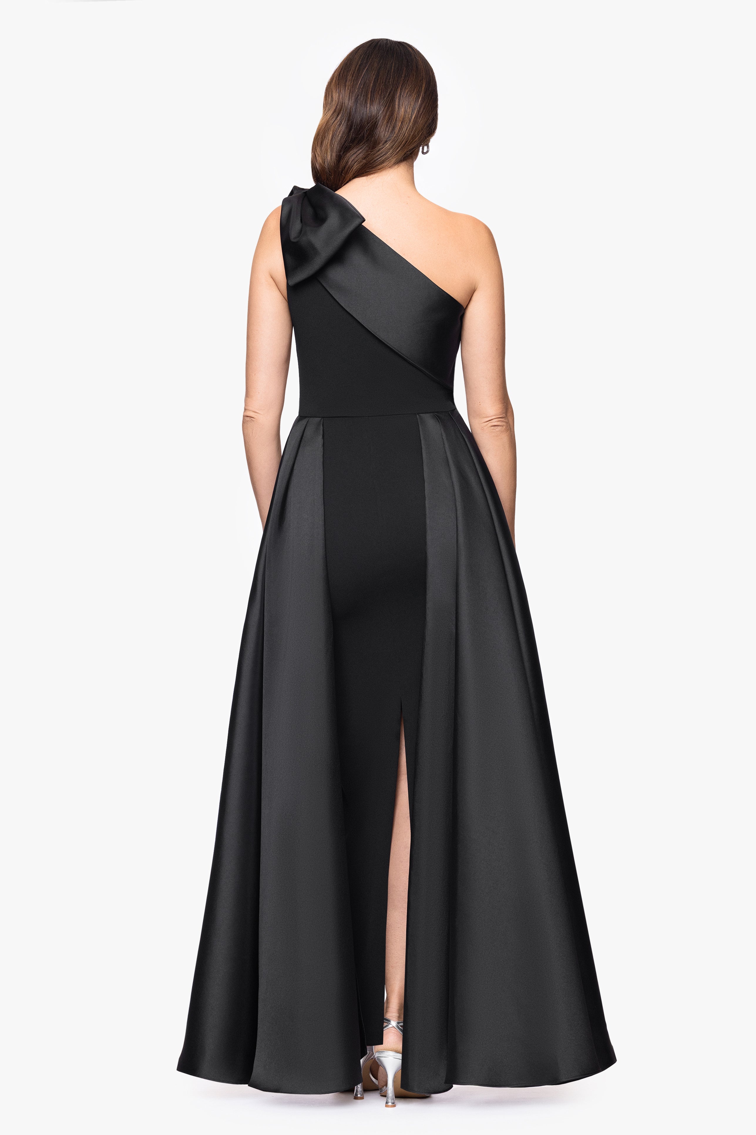 "Rosalie" Scuba Crepe One Shoulder Bow Embellished Floor Length Gown