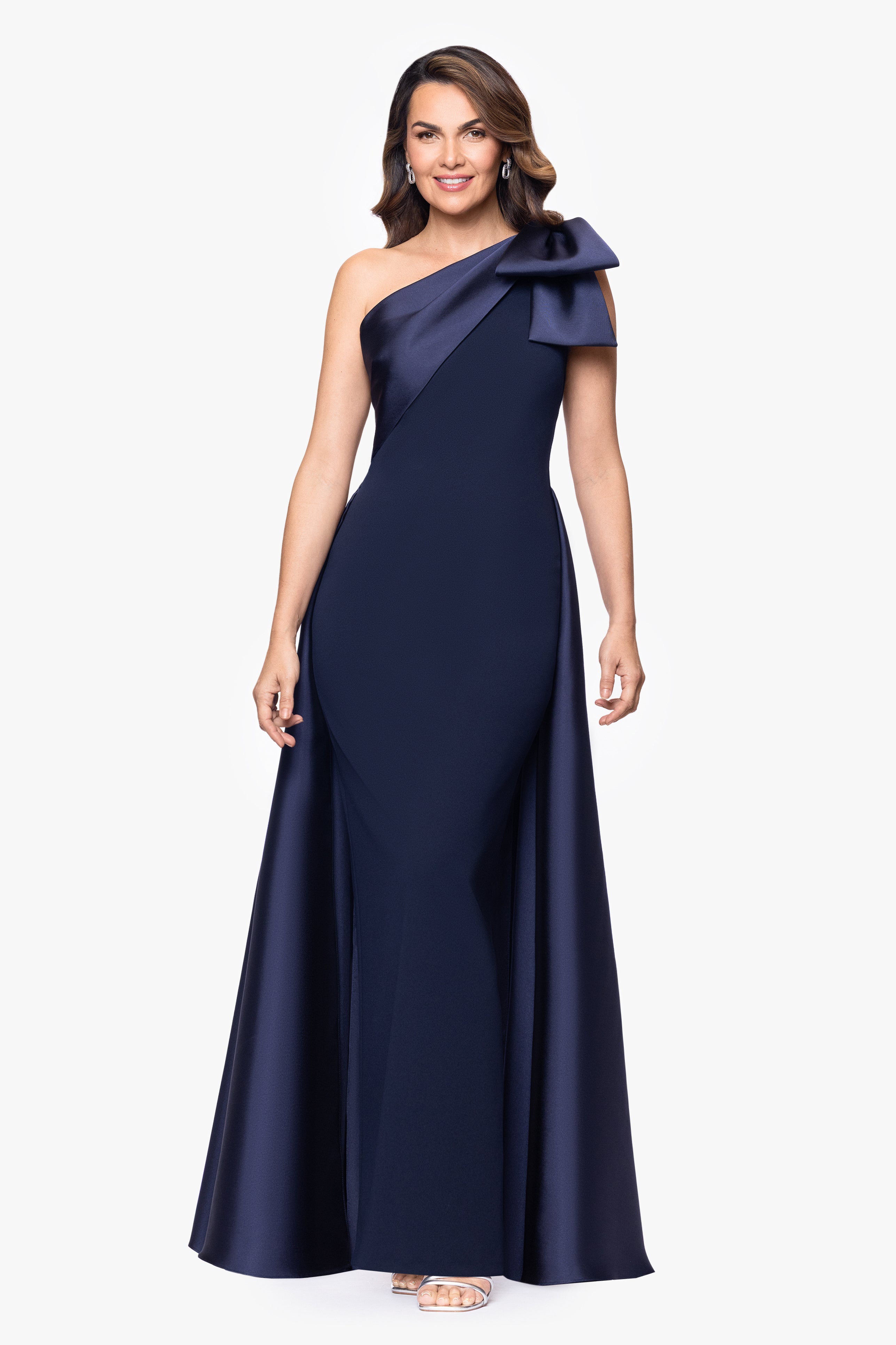 "Rosalie" Scuba Crepe One Shoulder Bow Embellished Floor Length Gown