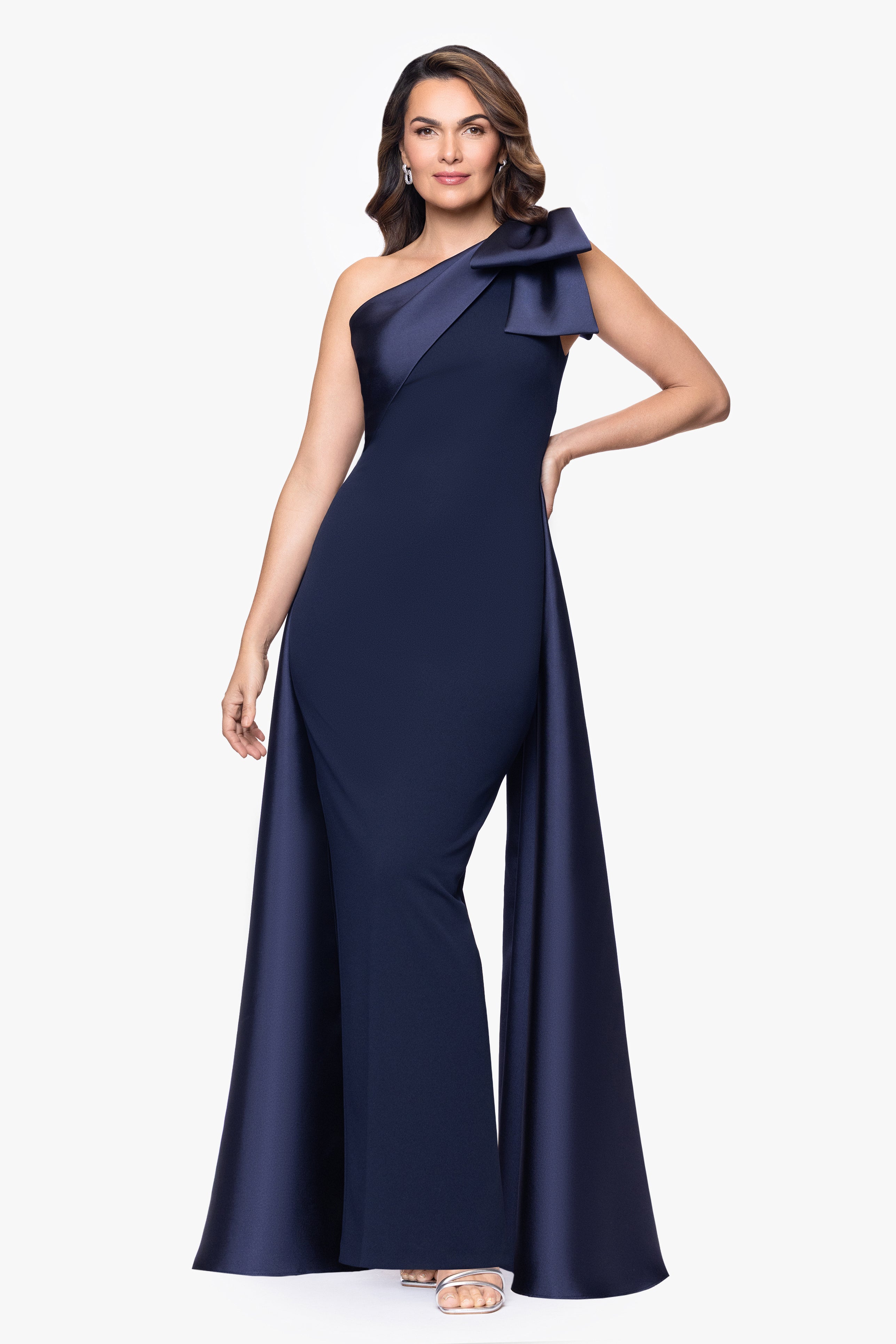 "Rosalie" Scuba Crepe One Shoulder Bow Embellished Floor Length Gown