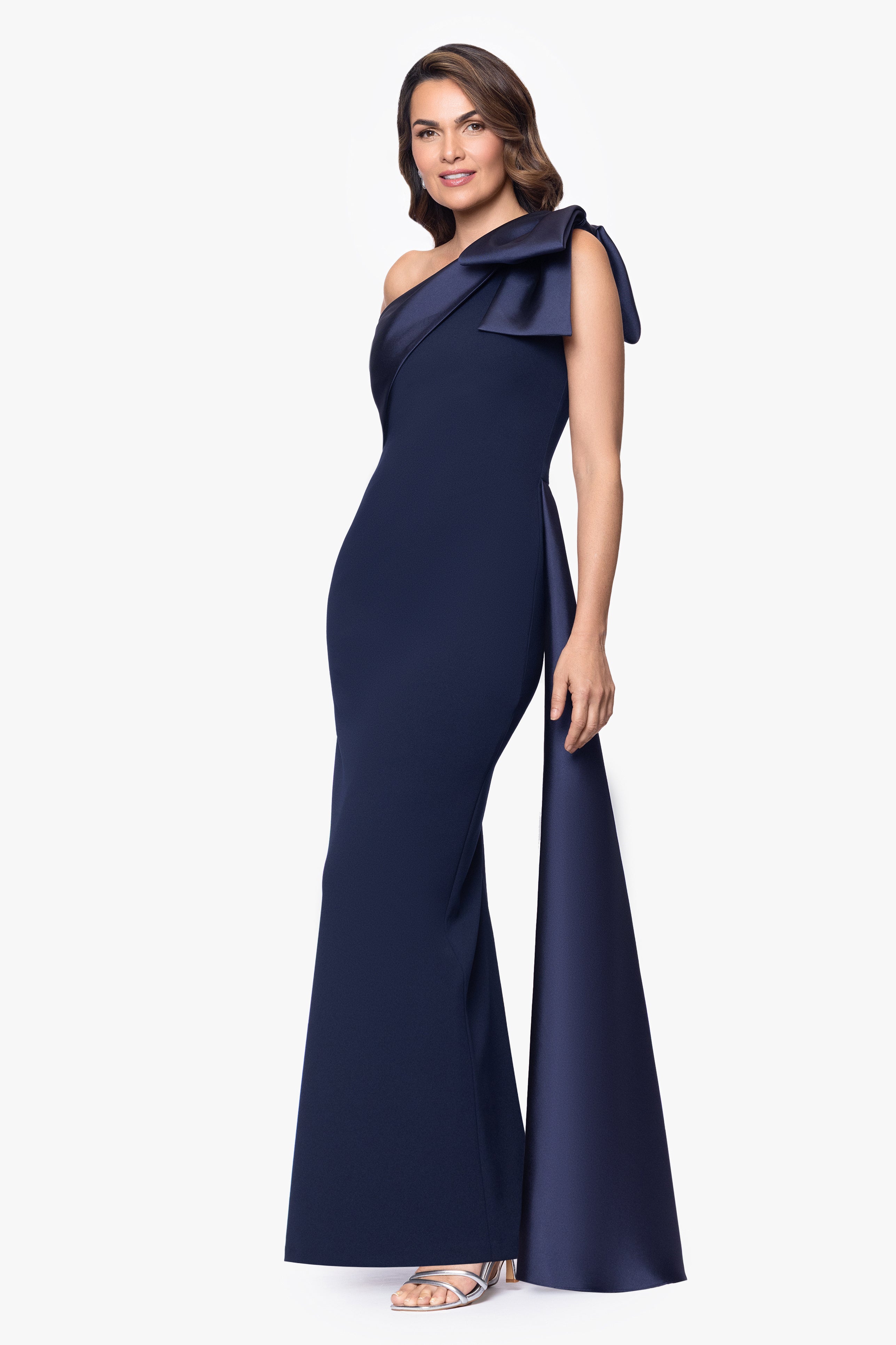 "Rosalie" Scuba Crepe One Shoulder Bow Embellished Floor Length Gown
