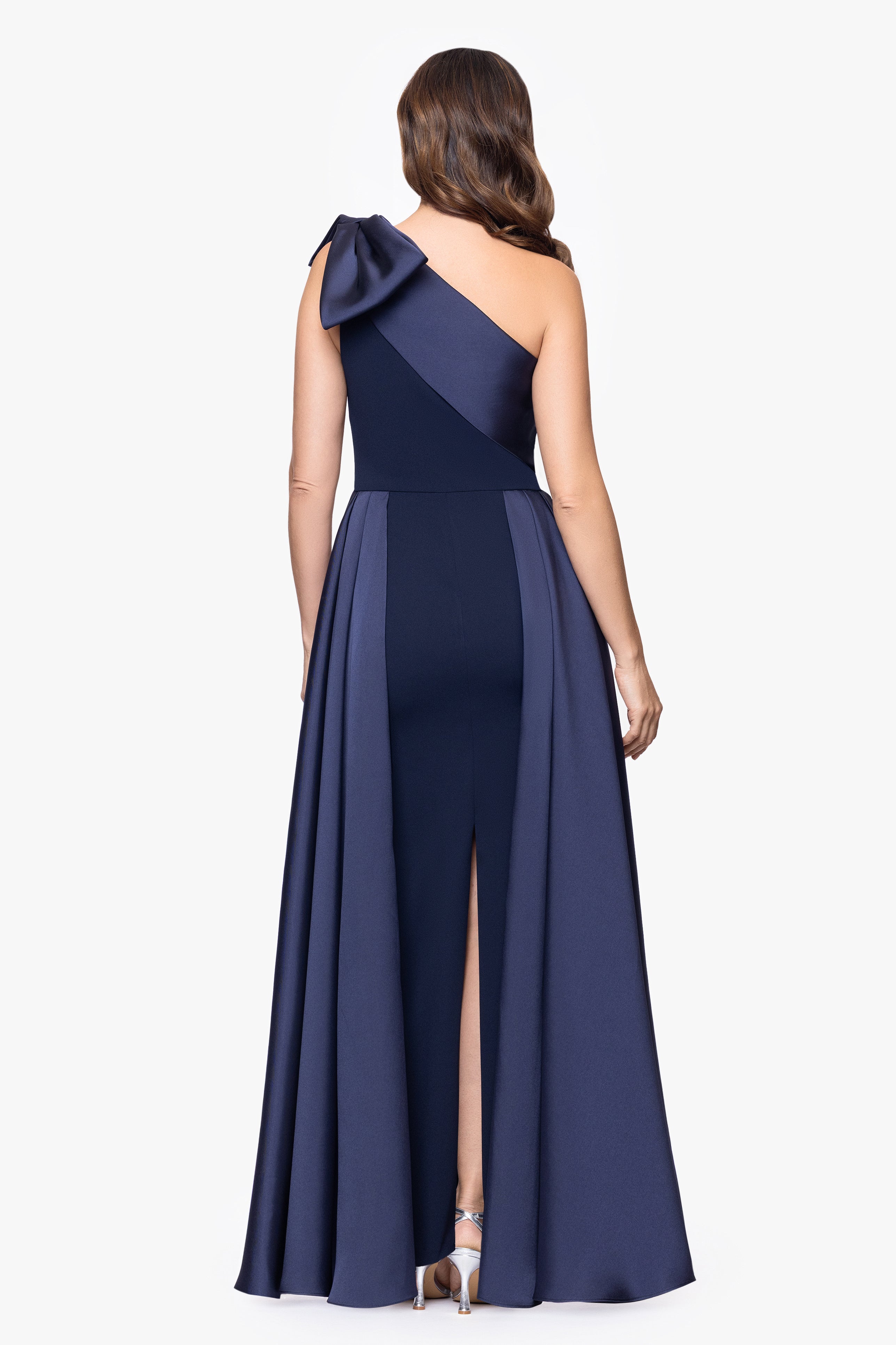 "Rosalie" Scuba Crepe One Shoulder Bow Embellished Floor Length Gown