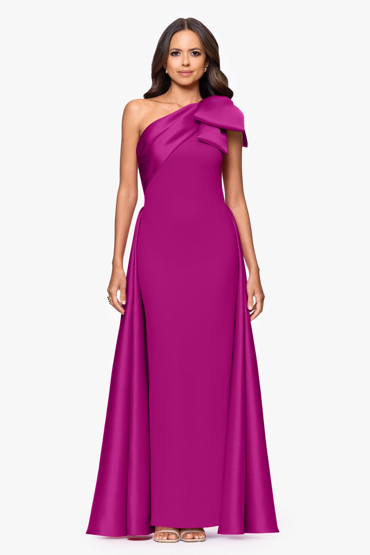 "Rosalie" Scuba Crepe One Shoulder Bow Embellished Gown