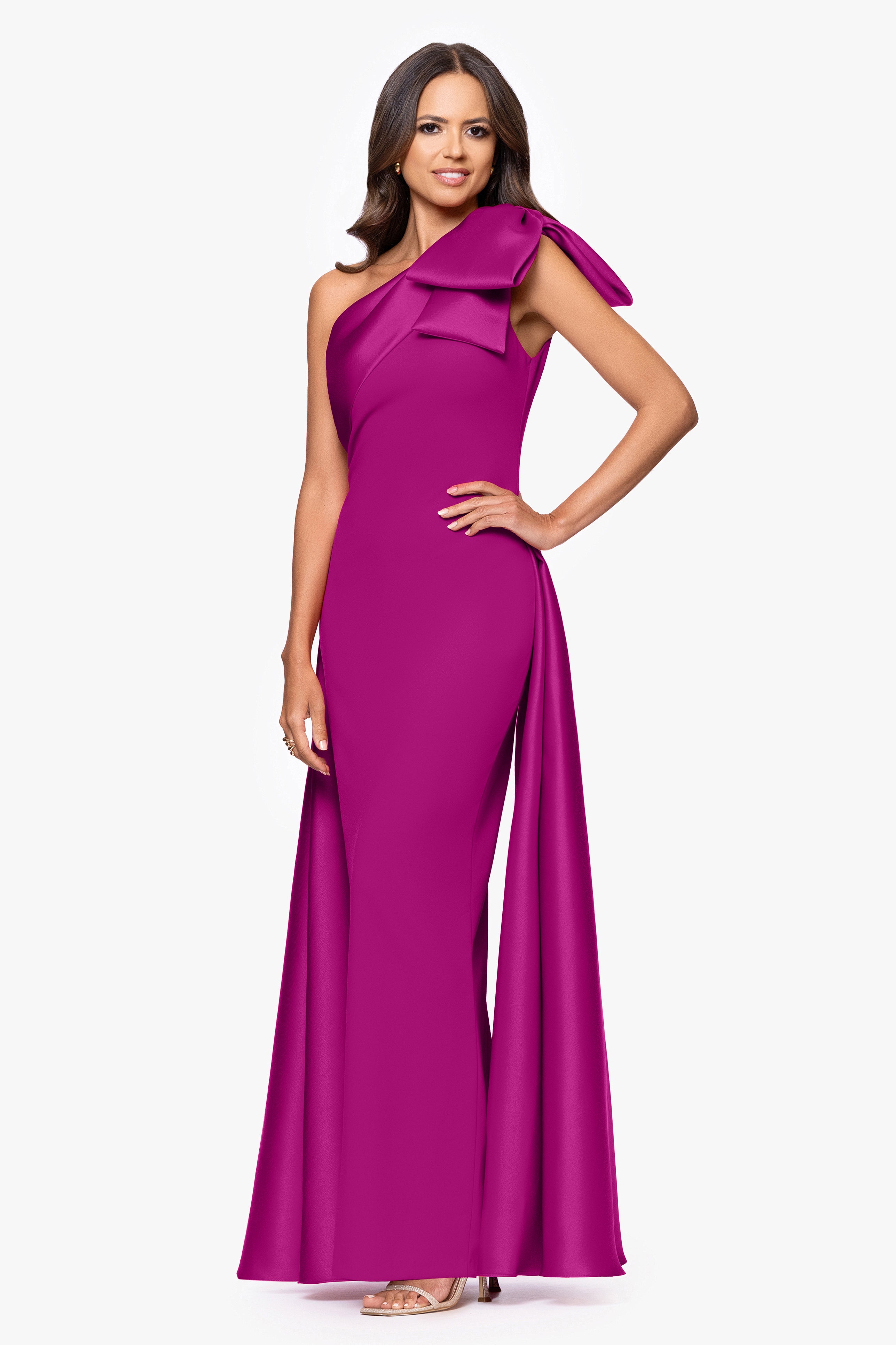 "Rosalie" Scuba Crepe One Shoulder Bow Embellished Floor Length Gown