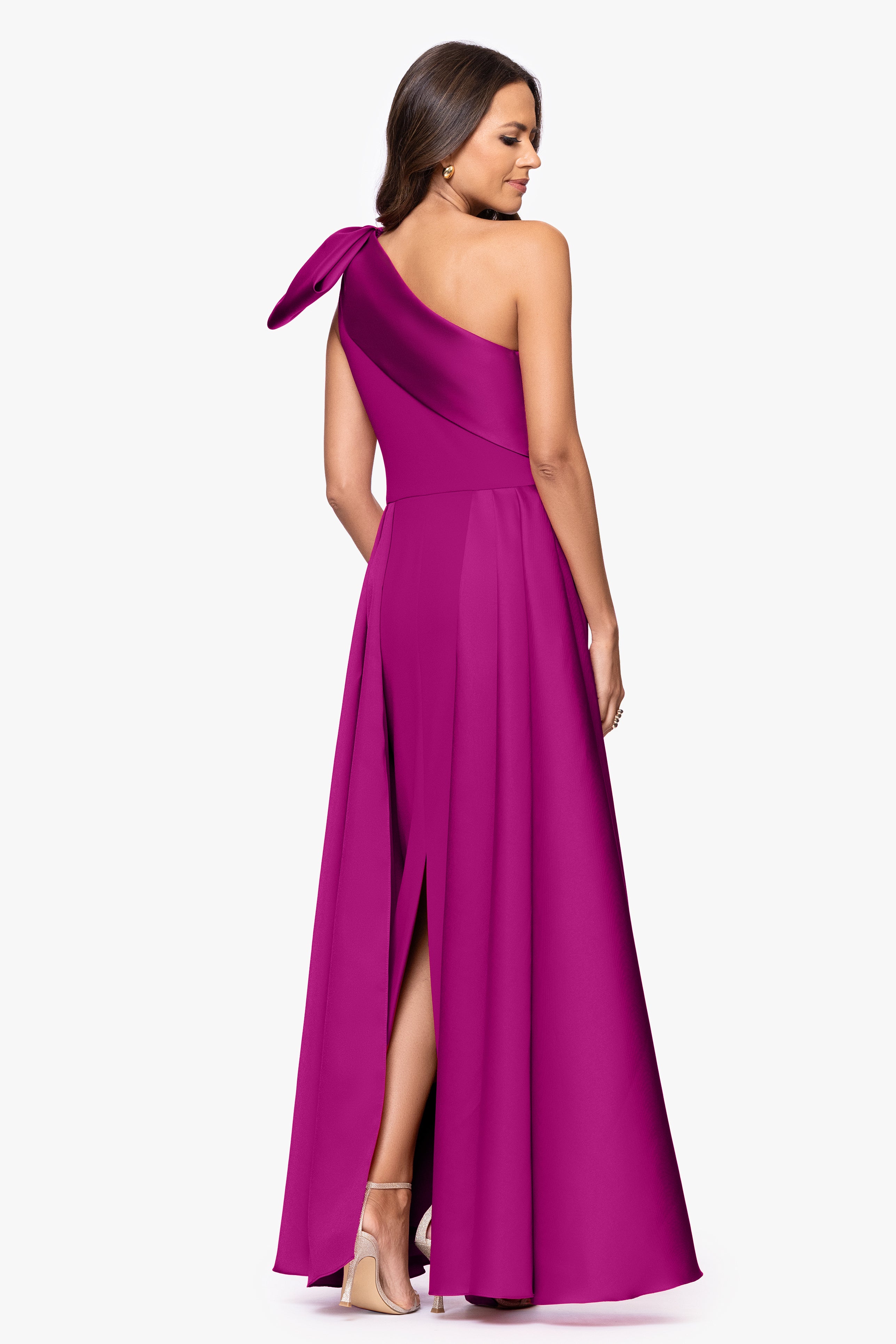 "Rosalie" Scuba Crepe One Shoulder Bow Embellished Floor Length Gown