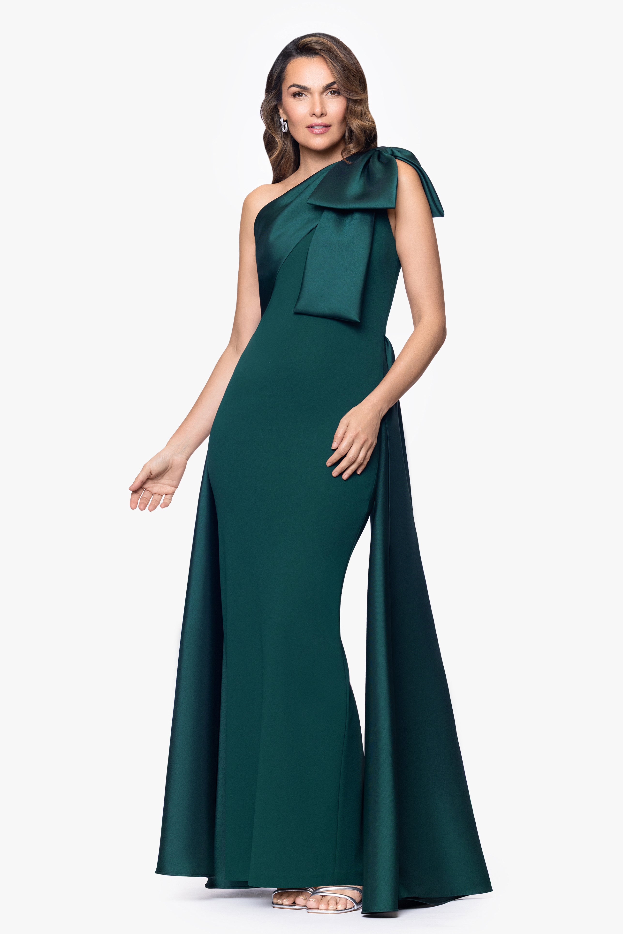 "Rosalie" Scuba Crepe One Shoulder Bow Embellished Floor Length Gown