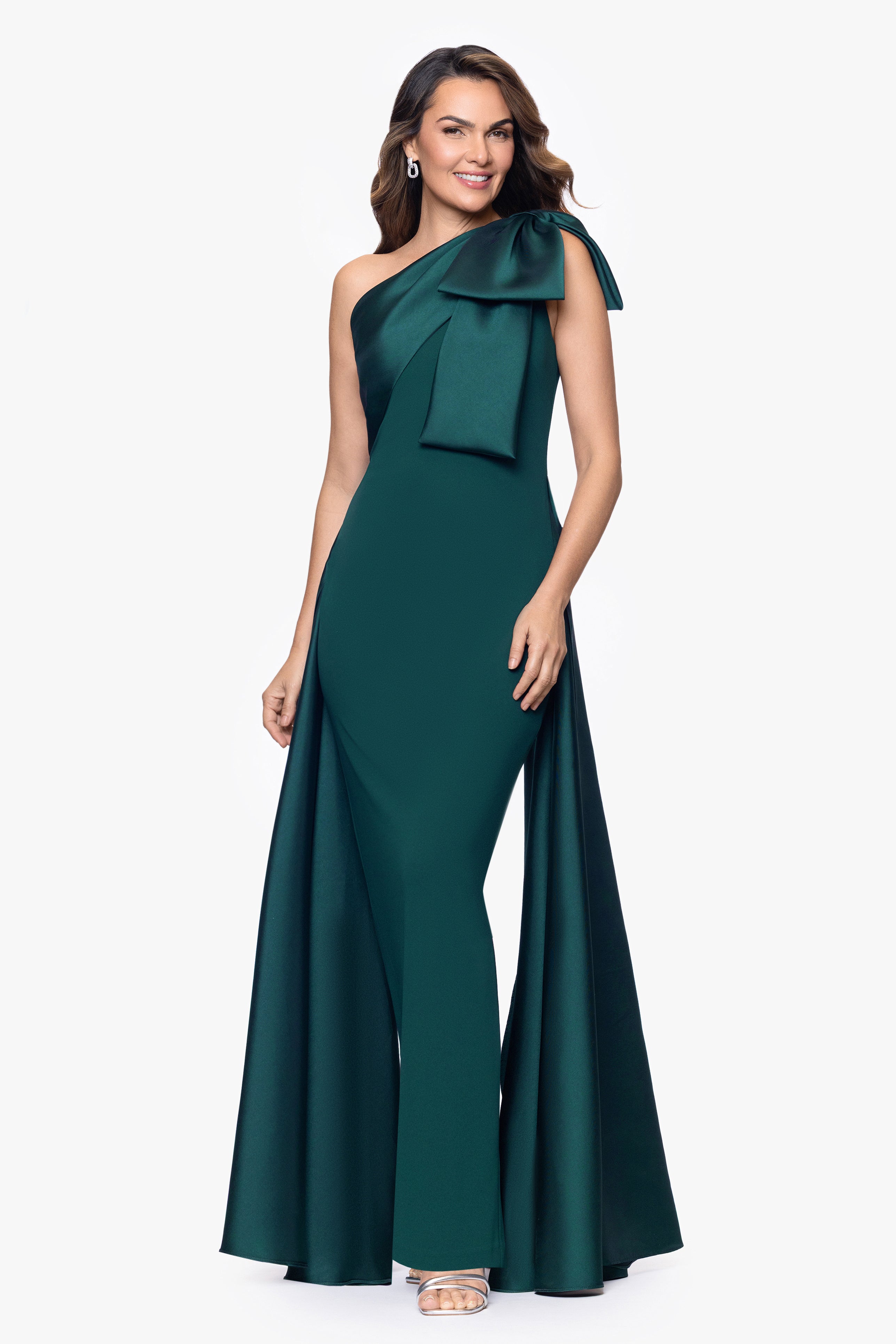 "Rosalie" Scuba Crepe One Shoulder Bow Embellished Floor Length Gown
