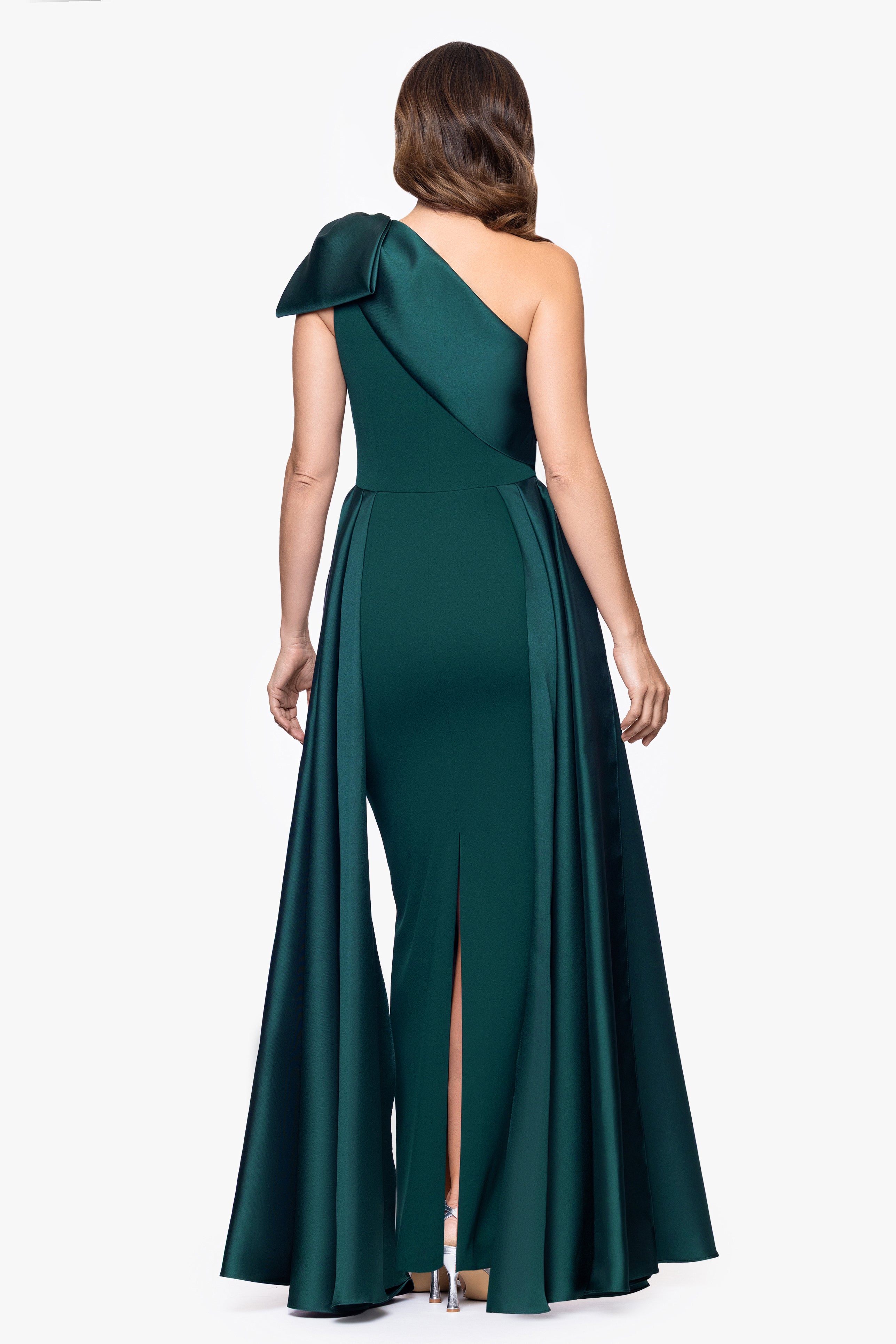"Rosalie" Scuba Crepe One Shoulder Bow Embellished Floor Length Gown