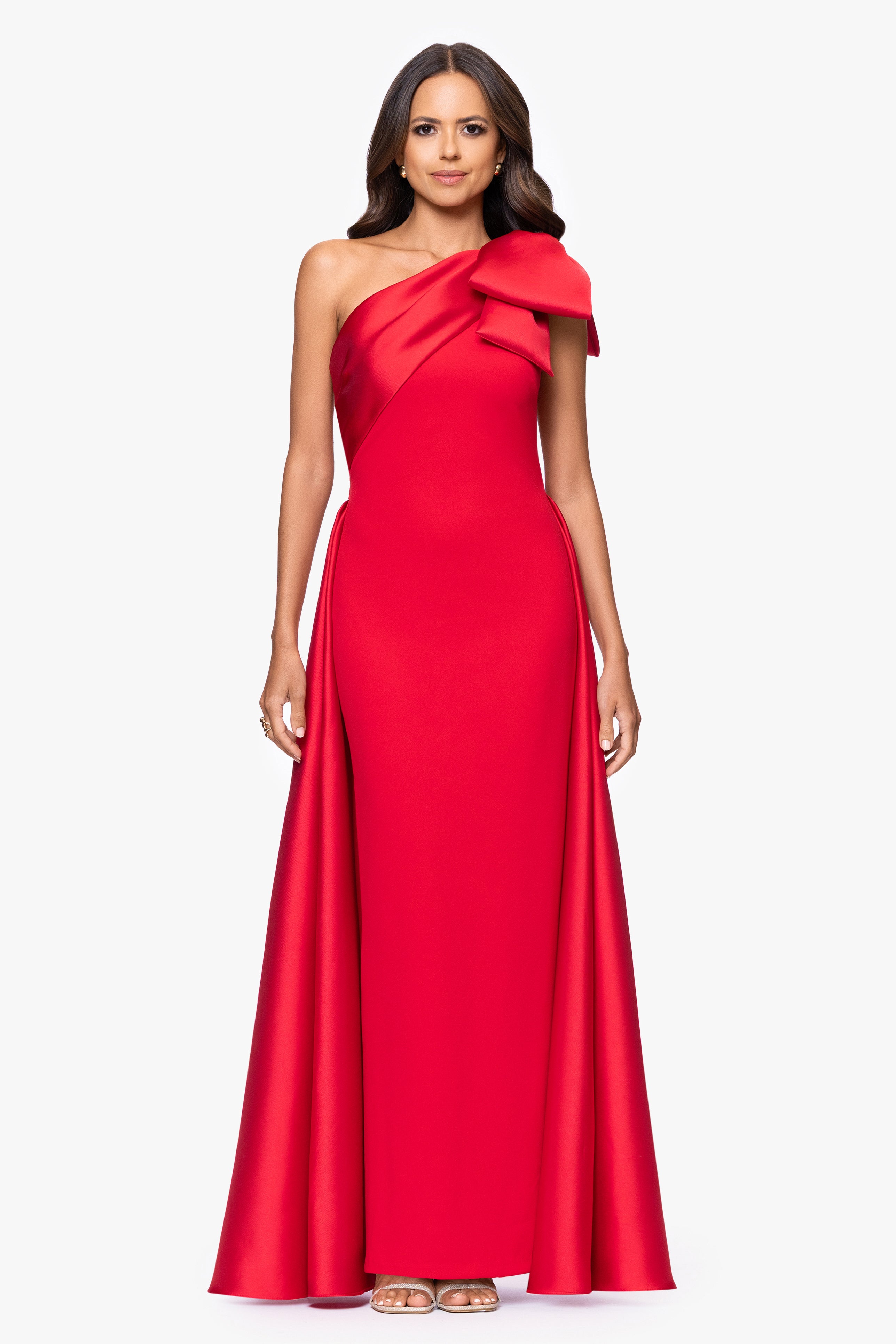 "Rosalie" Scuba Crepe One Shoulder Bow Embellished Floor Length Gown