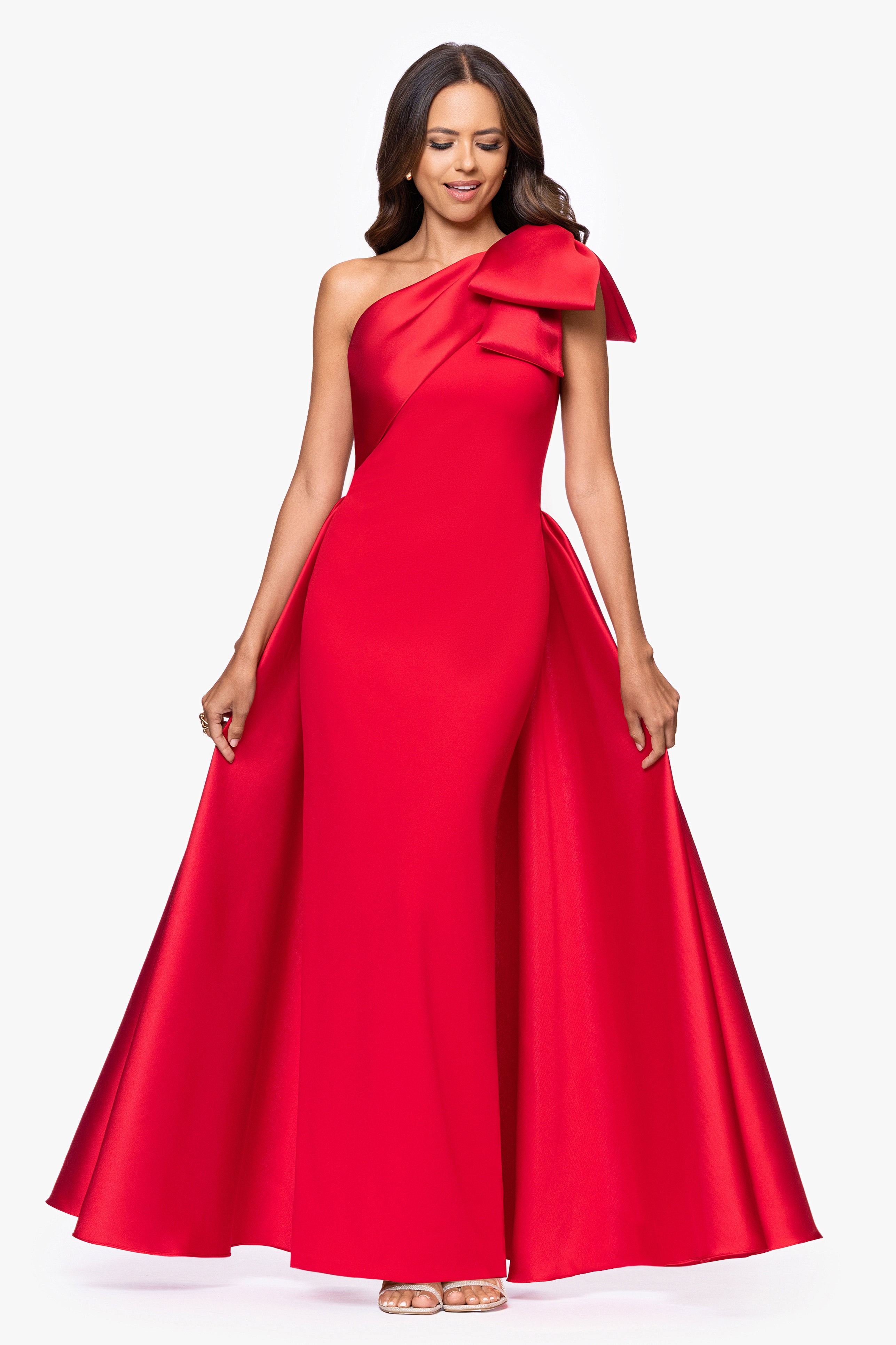 "Rosalie" Scuba Crepe One Shoulder Bow Embellished Floor Length Gown