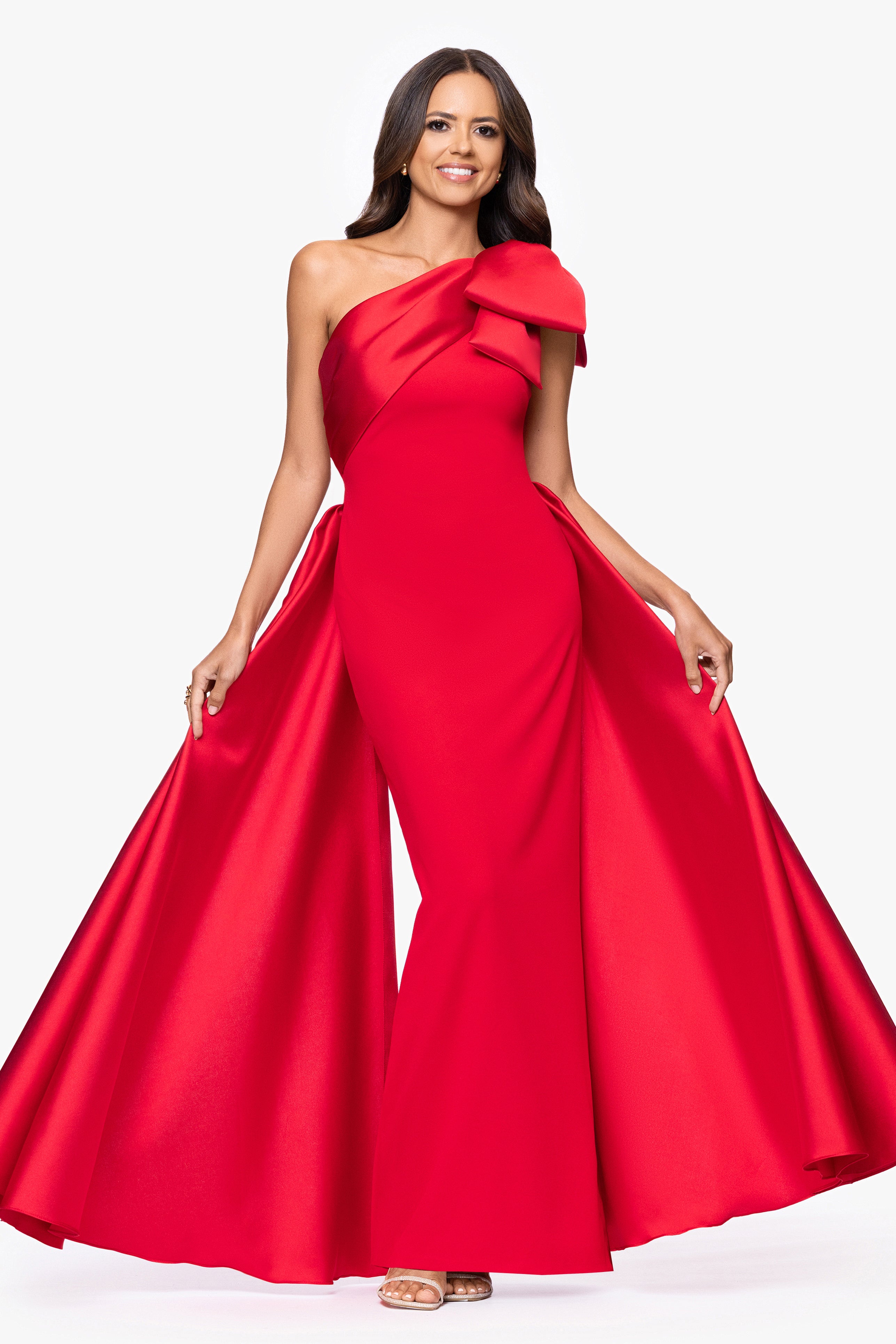 "Rosalie" Scuba Crepe One Shoulder Bow Embellished Floor Length Gown