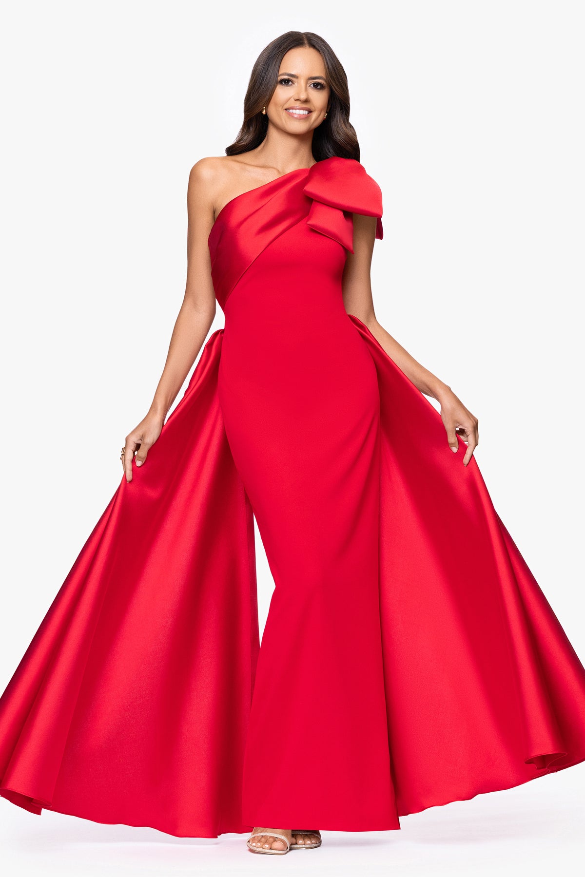 "Rosalie" Scuba Crepe One Shoulder Bow Embellished Gown