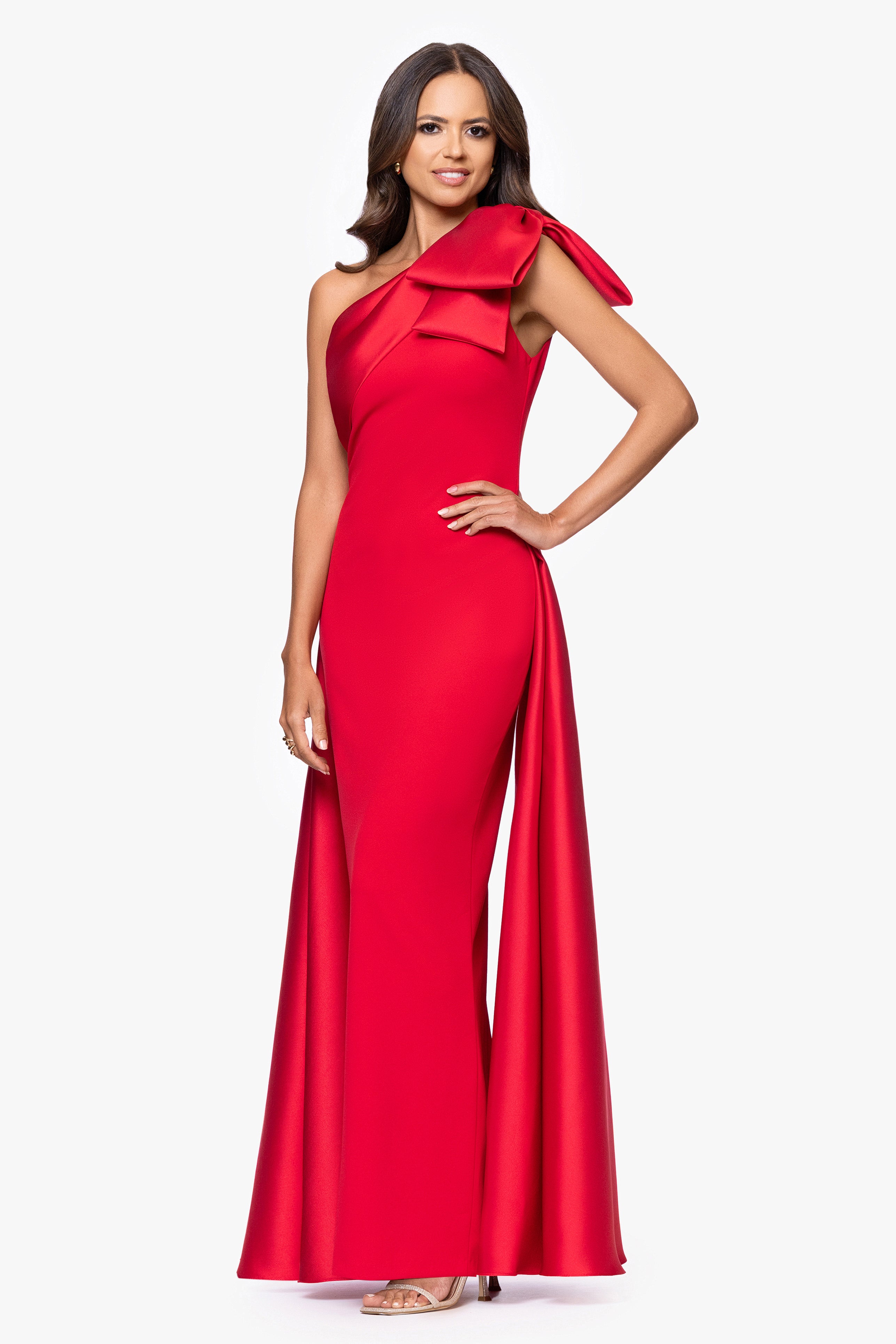 "Rosalie" Scuba Crepe One Shoulder Bow Embellished Floor Length Gown