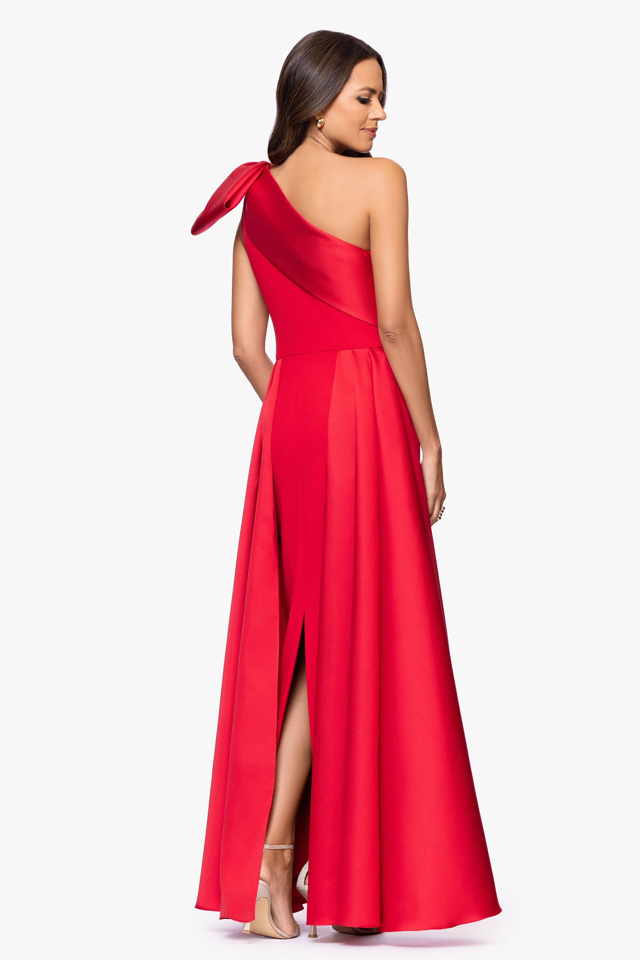 "Rosalie" Scuba Crepe One Shoulder Bow Embellished Floor Length Gown