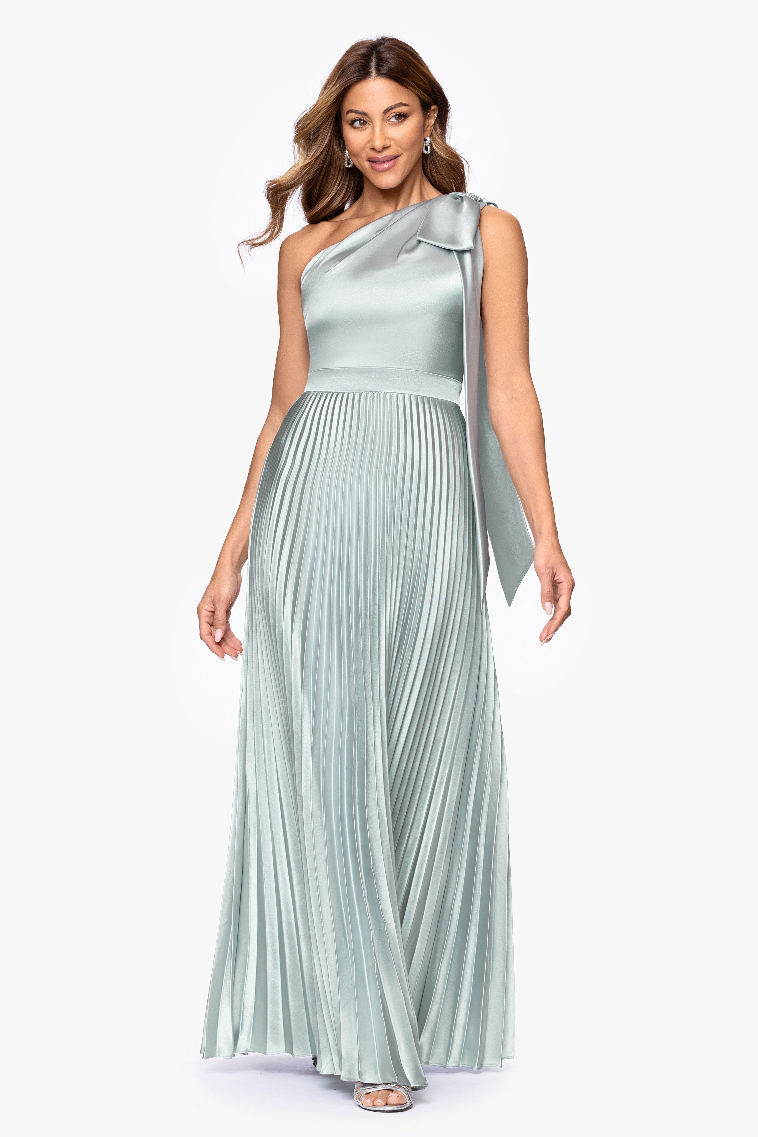 "Matilda" Satin One Shoulder Pleated Floor Length Dress