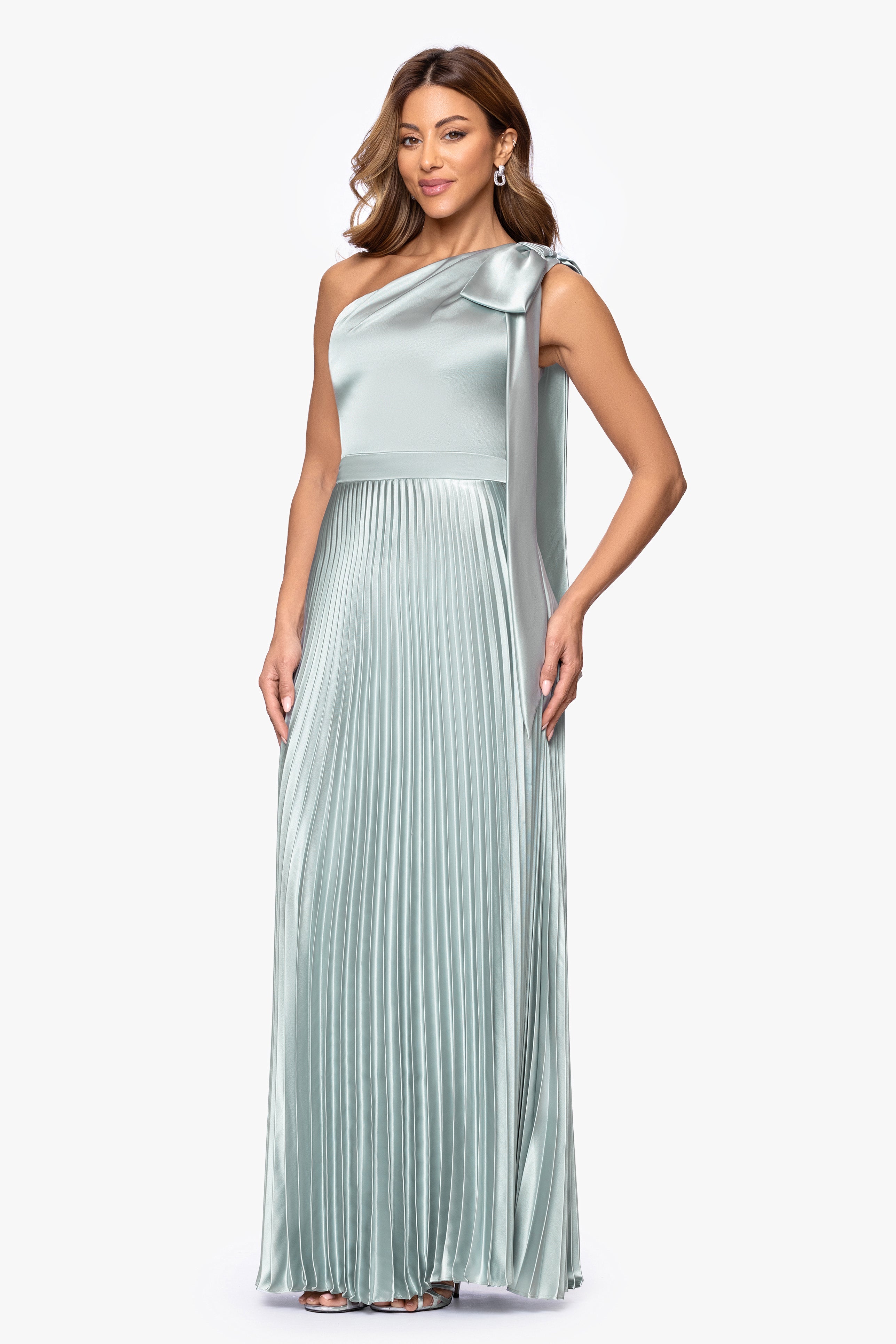 "Matilda" Satin One Shoulder Pleated Floor Length Dress