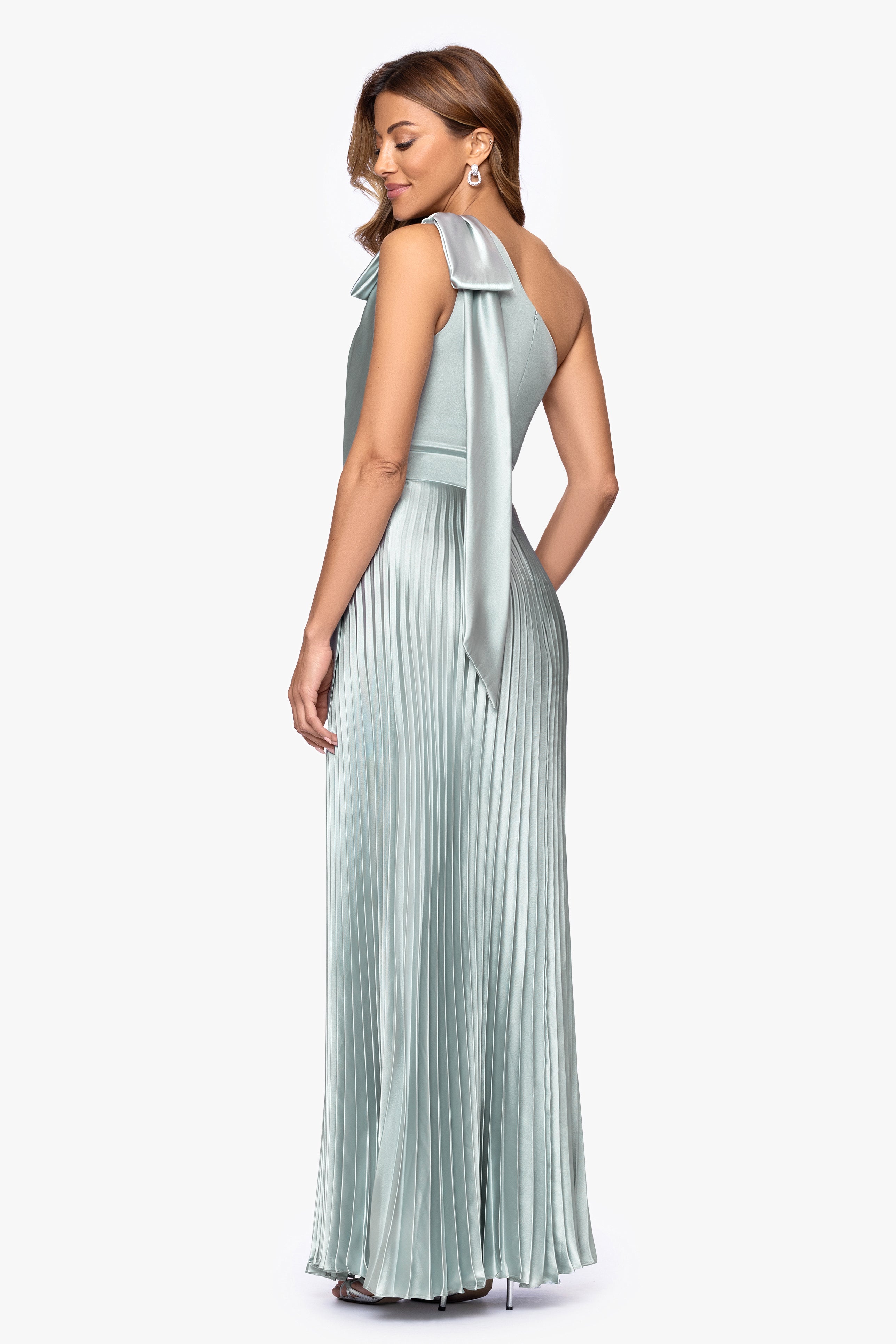 "Matilda" Satin One Shoulder Pleated Floor Length Dress