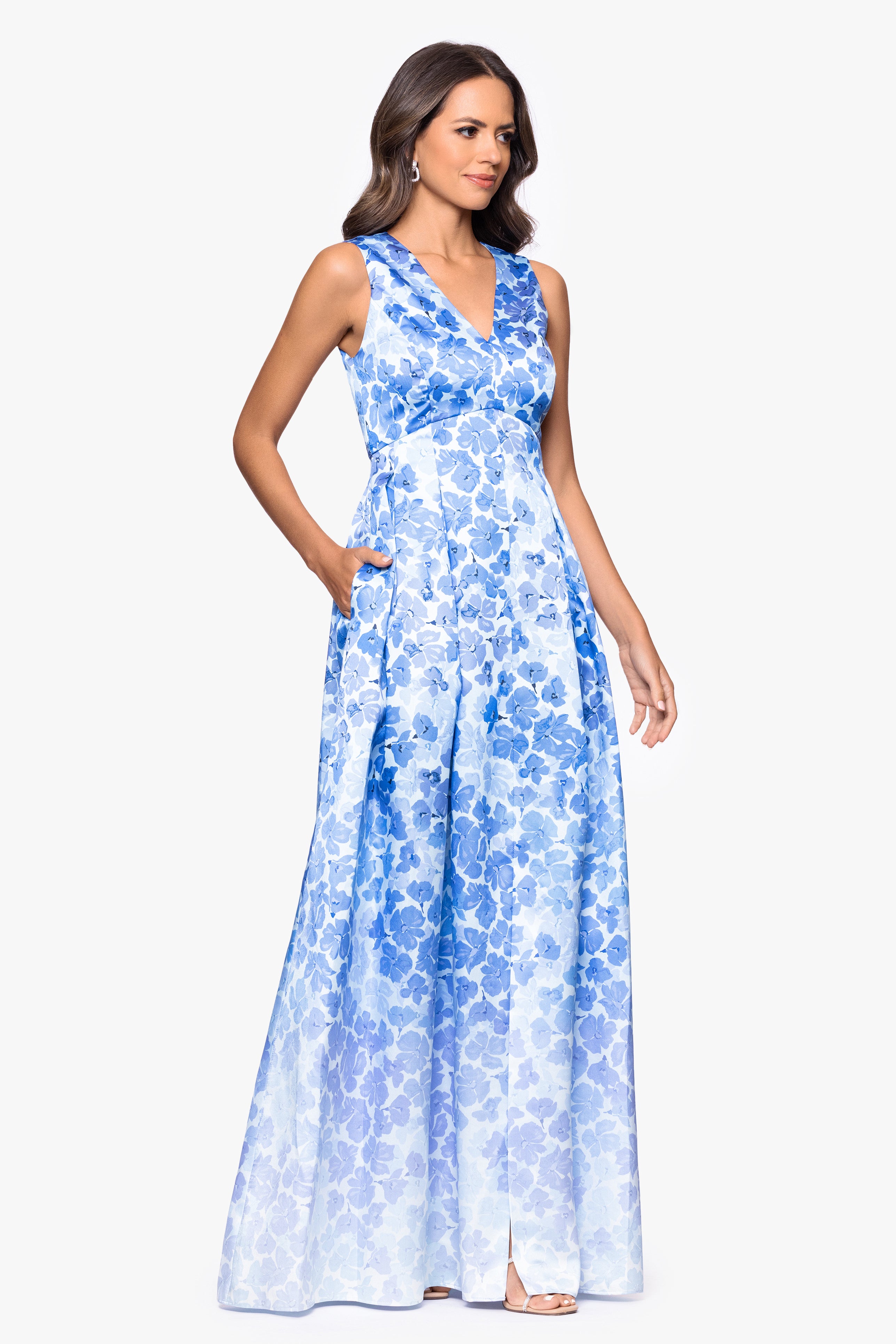 "Leighton" Print Mikado Ombre Floor Length Dress