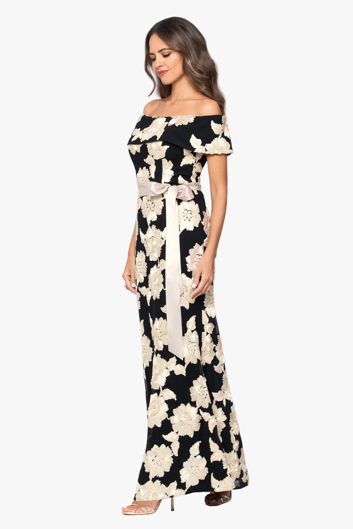 "Georgette" Soutache Off The Shoulder Ribbon Dress