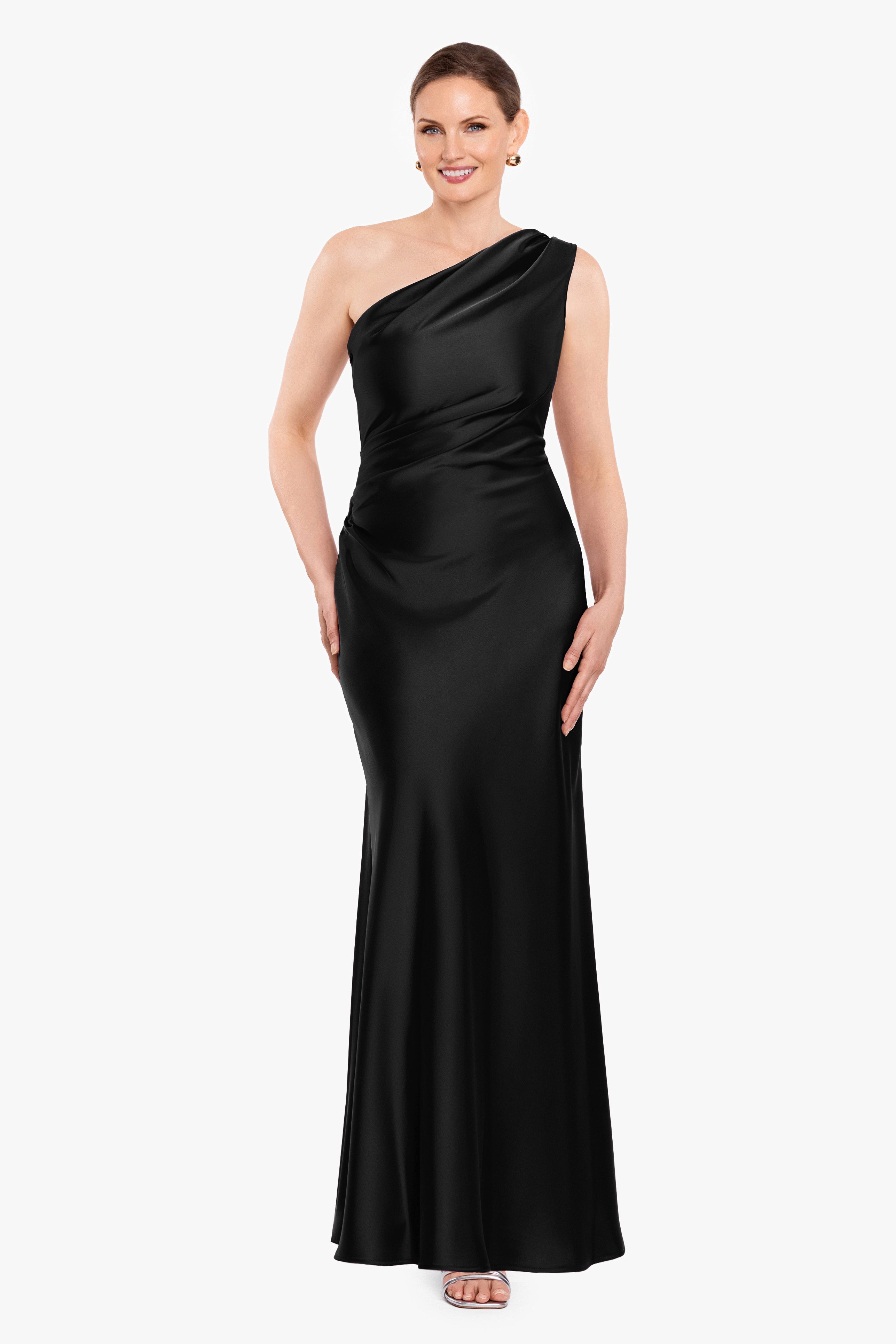 Magnolia satin one shoulder dress in black, front view.