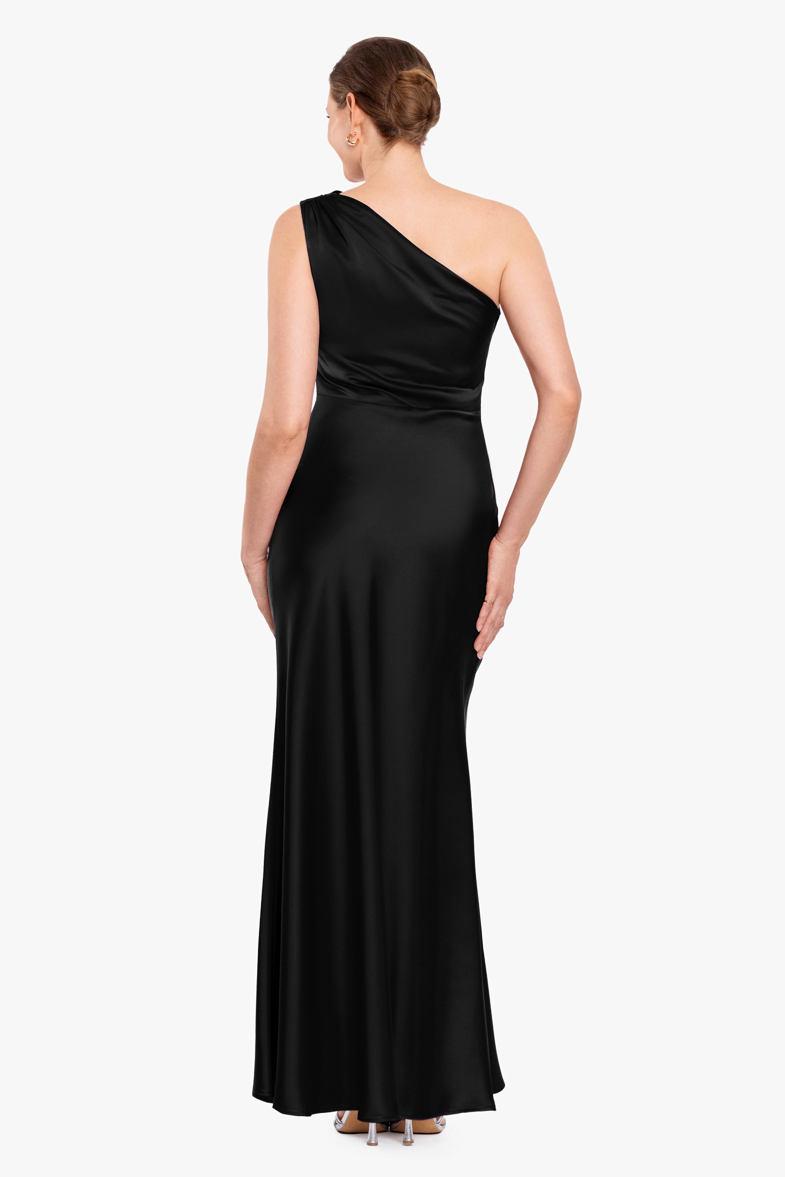 Magnolia satin one shoulder dress in black, back view.