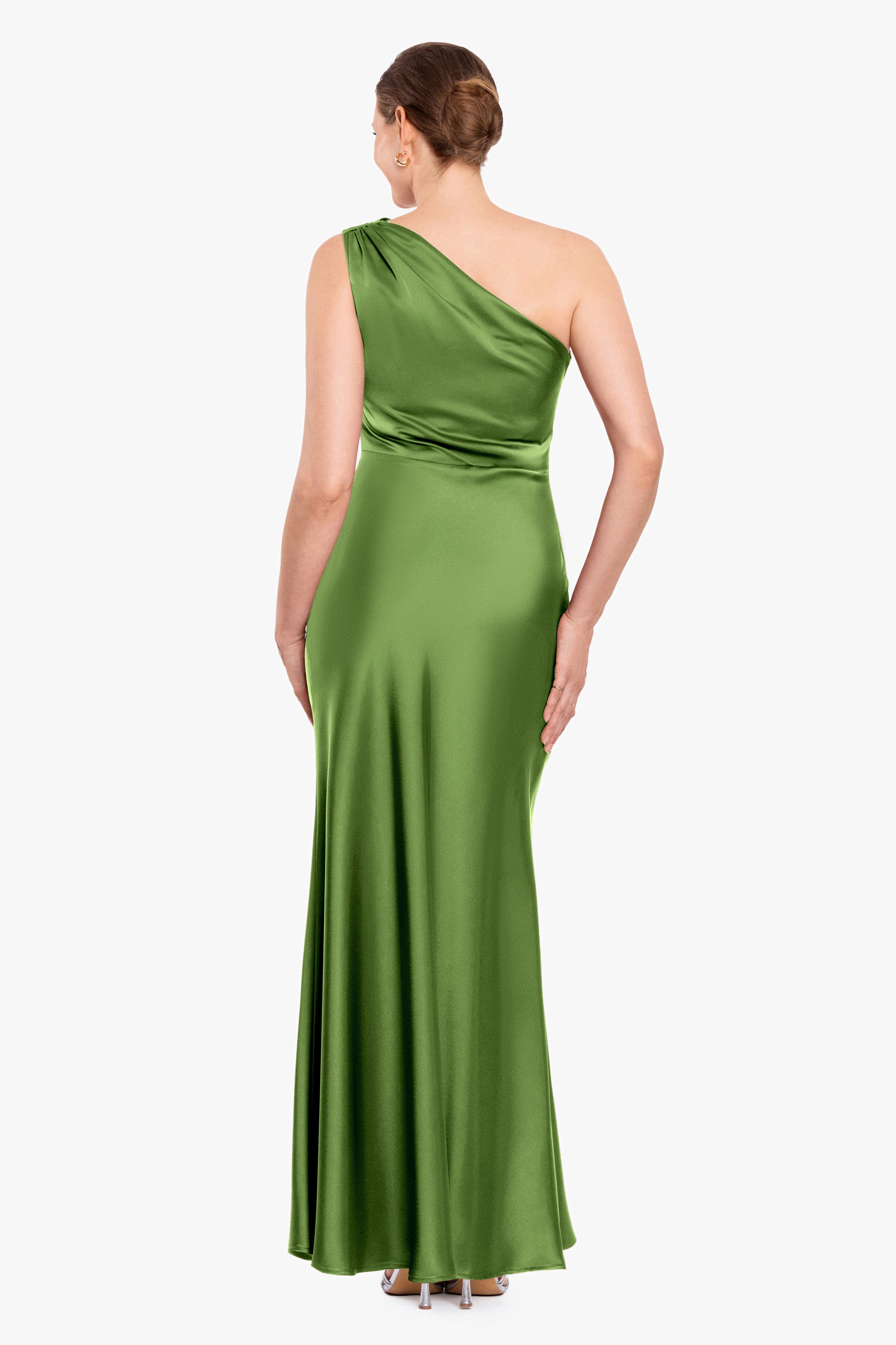Magnolia satin one shoulder dress in moss, back view.