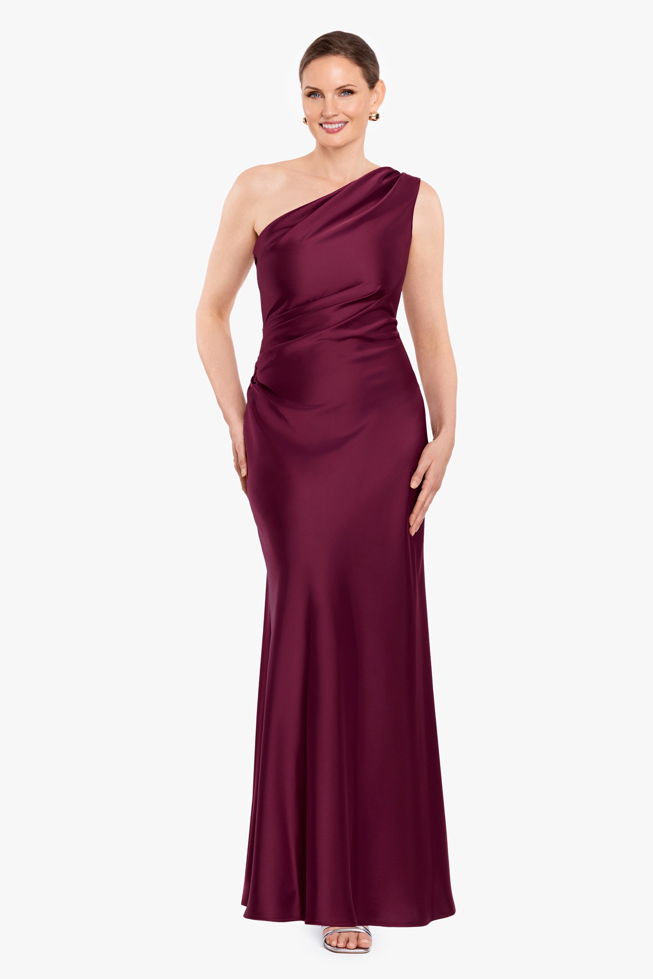 Magnolia satin one shoulder dress in wine, front view.