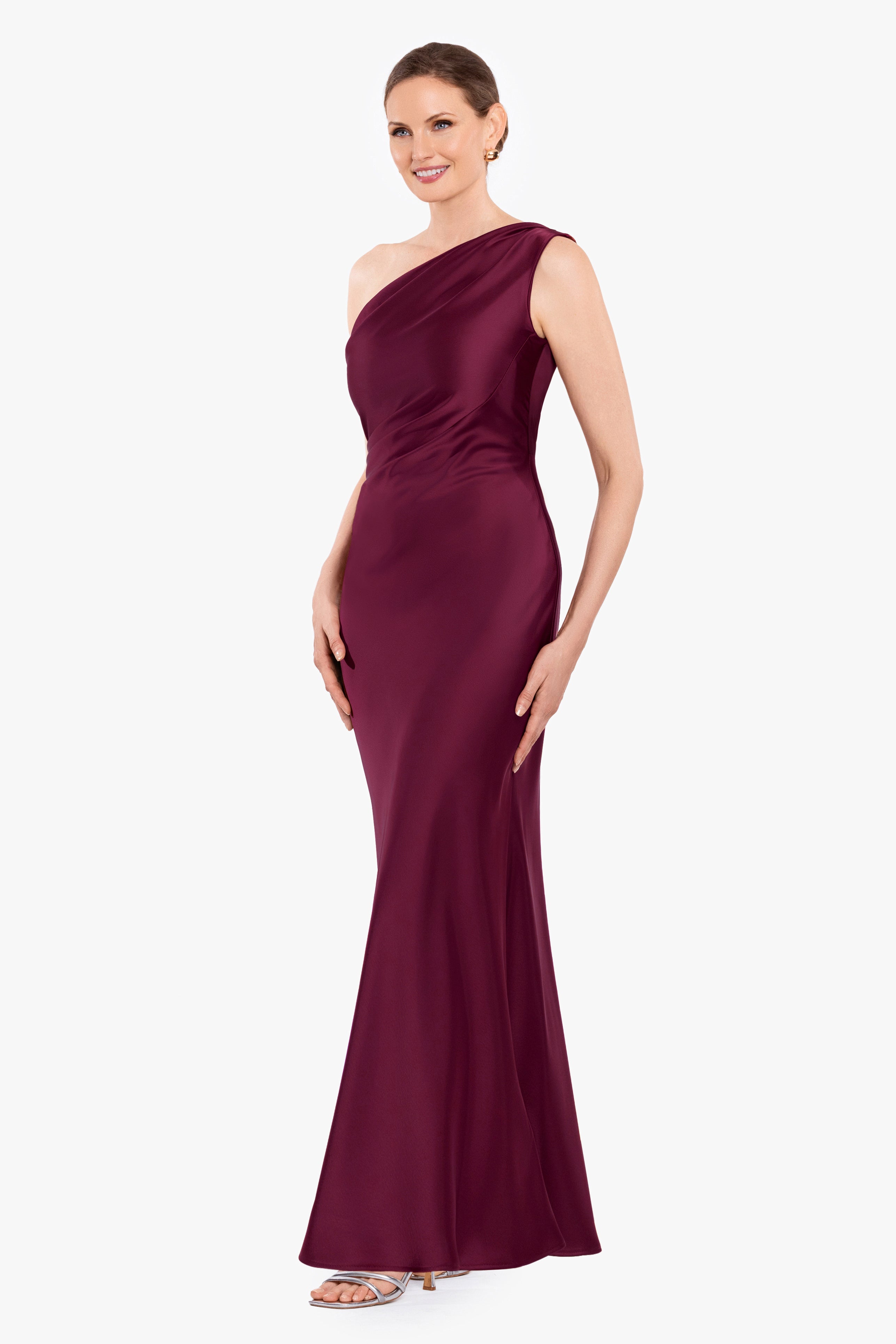 Magnolia satin one shoulder dress in wine, three-quarter view.