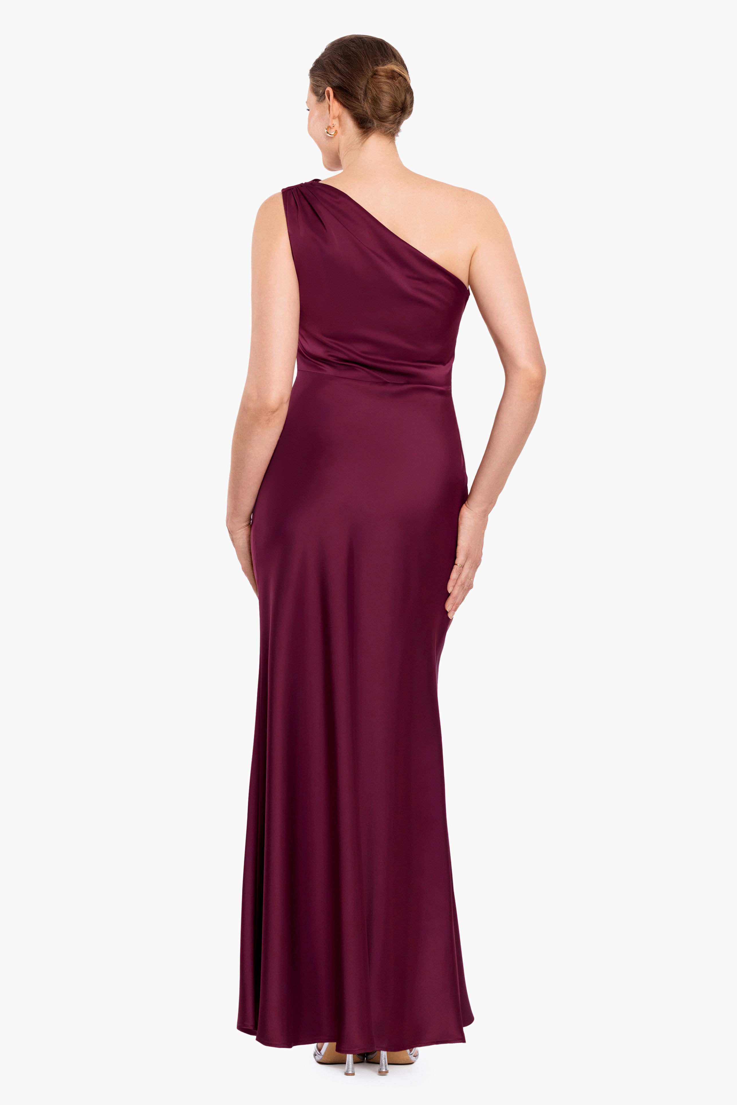 Magnolia satin one shoulder dress in wine, back view.
