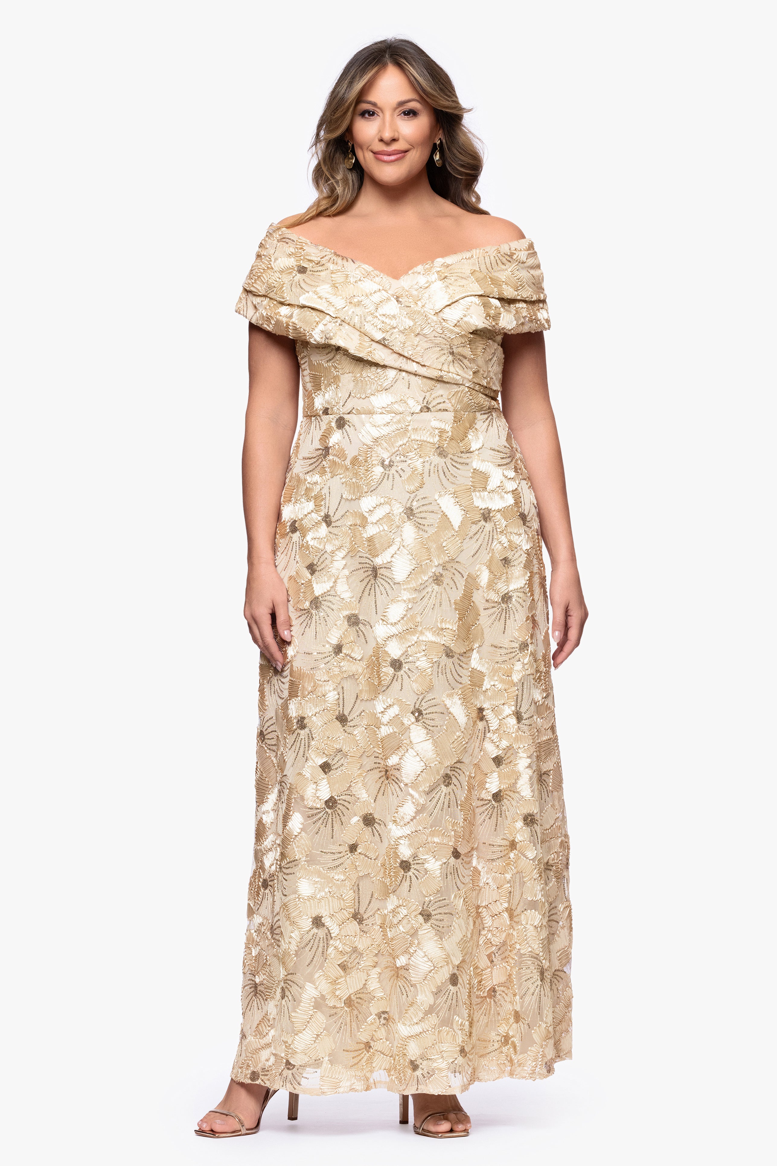 Plus "Teyana" Soutache Sequin Off the Shoulder Floor Length Dress