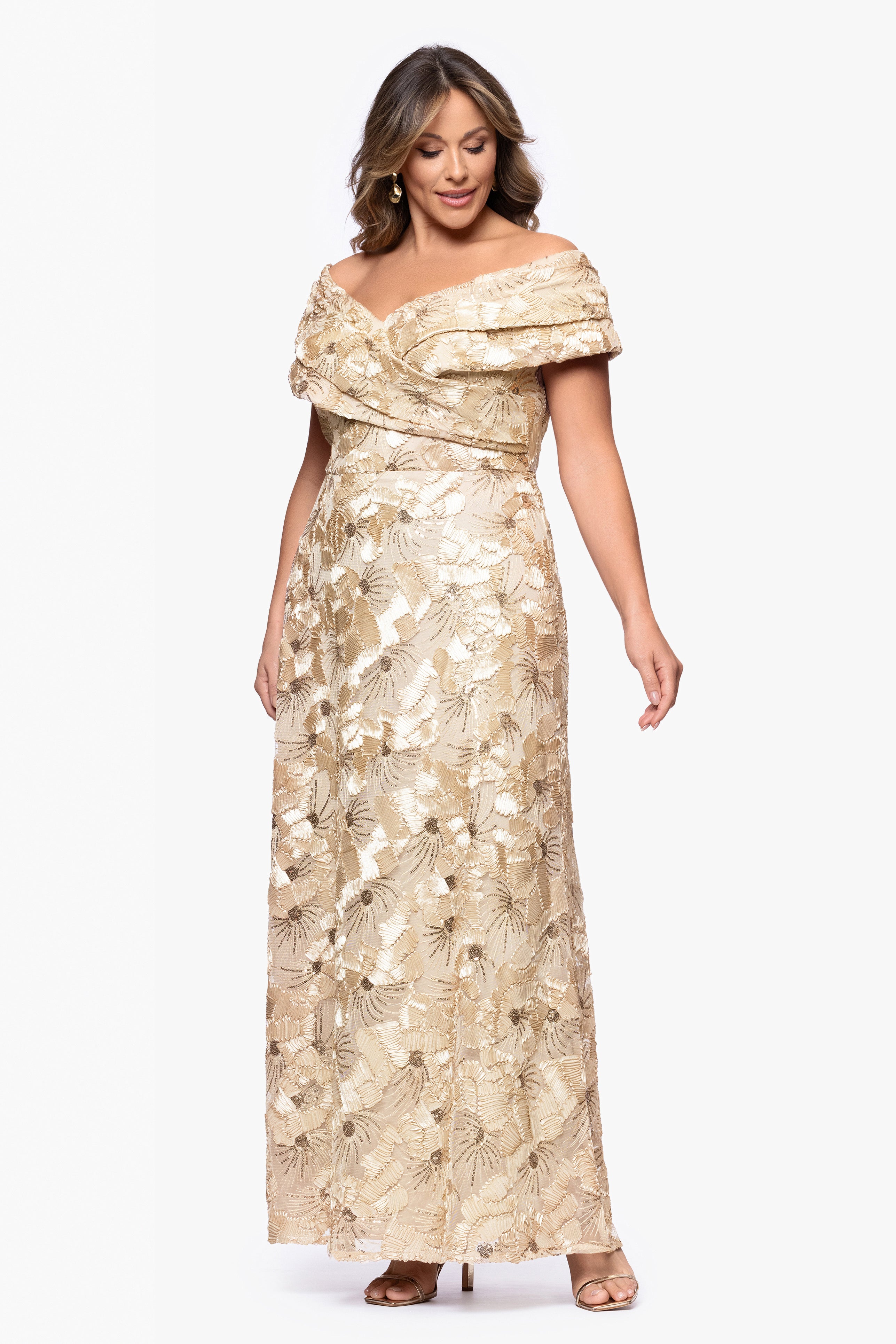 Plus "Teyana" Soutache Sequin Off the Shoulder Floor Length Dress